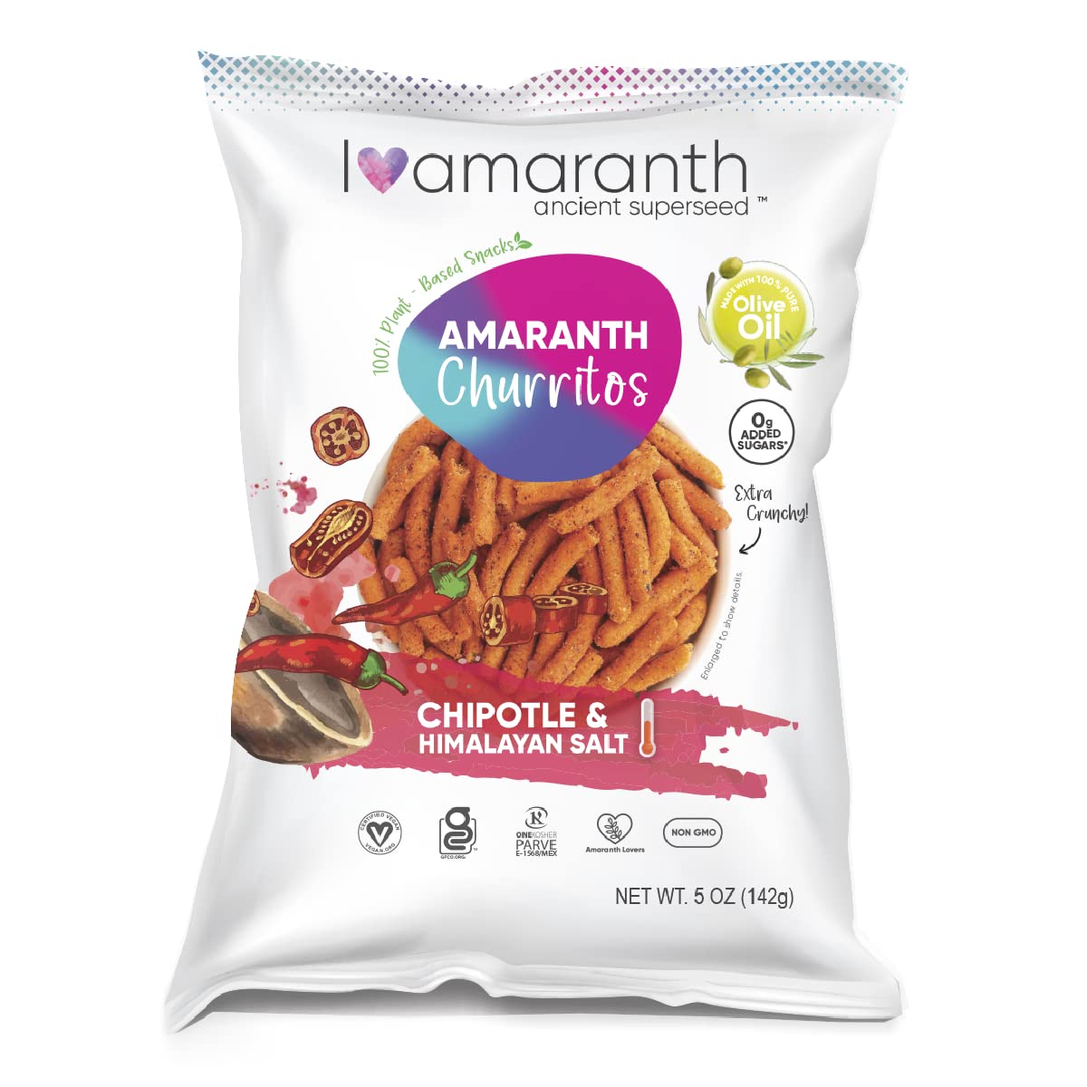 Organic Amaranth Churritos - Chipotle Flavor with Himalayan Pink Salt | Gluten-Free, Vegan, Non-GMO Healthy Snacks | Crunchy Plant-Based Chips for Parties, School Lunches & On-the-Go Snacking | Pack of 3