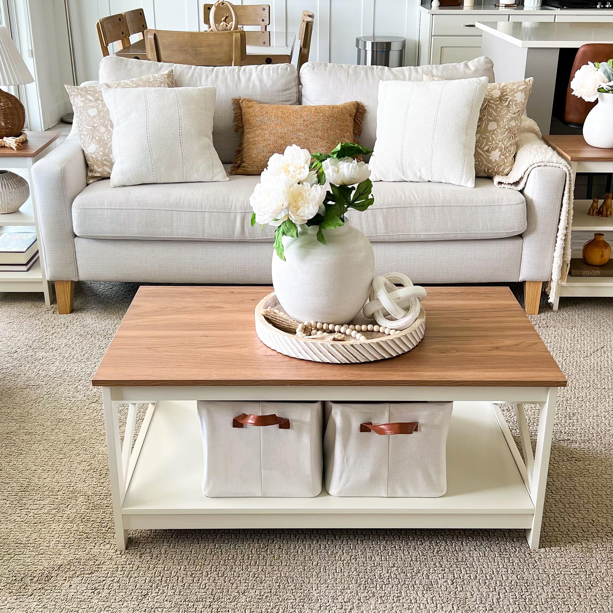 Modern Coffee Table with Storage - 2-Tier Farmhouse Style Living Room Table, PHI VILLA Rustic Wooden Coffee Table for Small Spaces | Perfect for Home Decor, Family Gatherings & Coffee Time