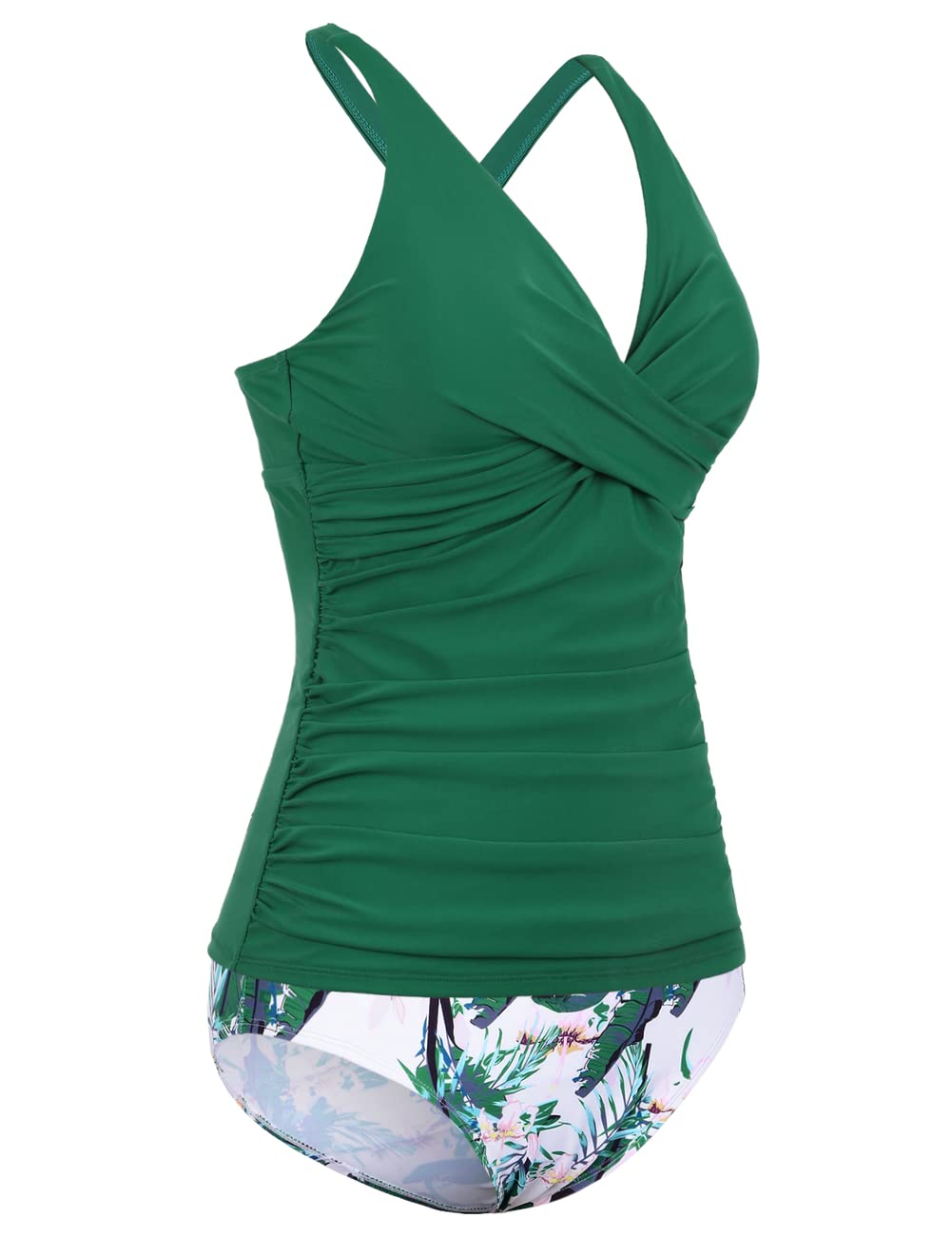 Hilor Women's Tankini Swimwear - Front Twist V Neck Bathing Suit Top with Tummy Control, Shirred Two Piece Bikini Set for Beach, Pool & Vacation