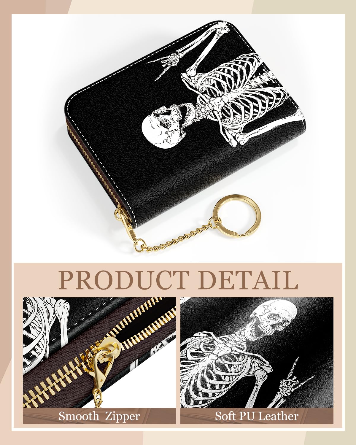 Slim RFID Blocking Credit Card Holder for Women - Small Zipper Wallet with Keychain - Gothic Skeleton Design - Perfect for Travel, Shopping & Everyday Use