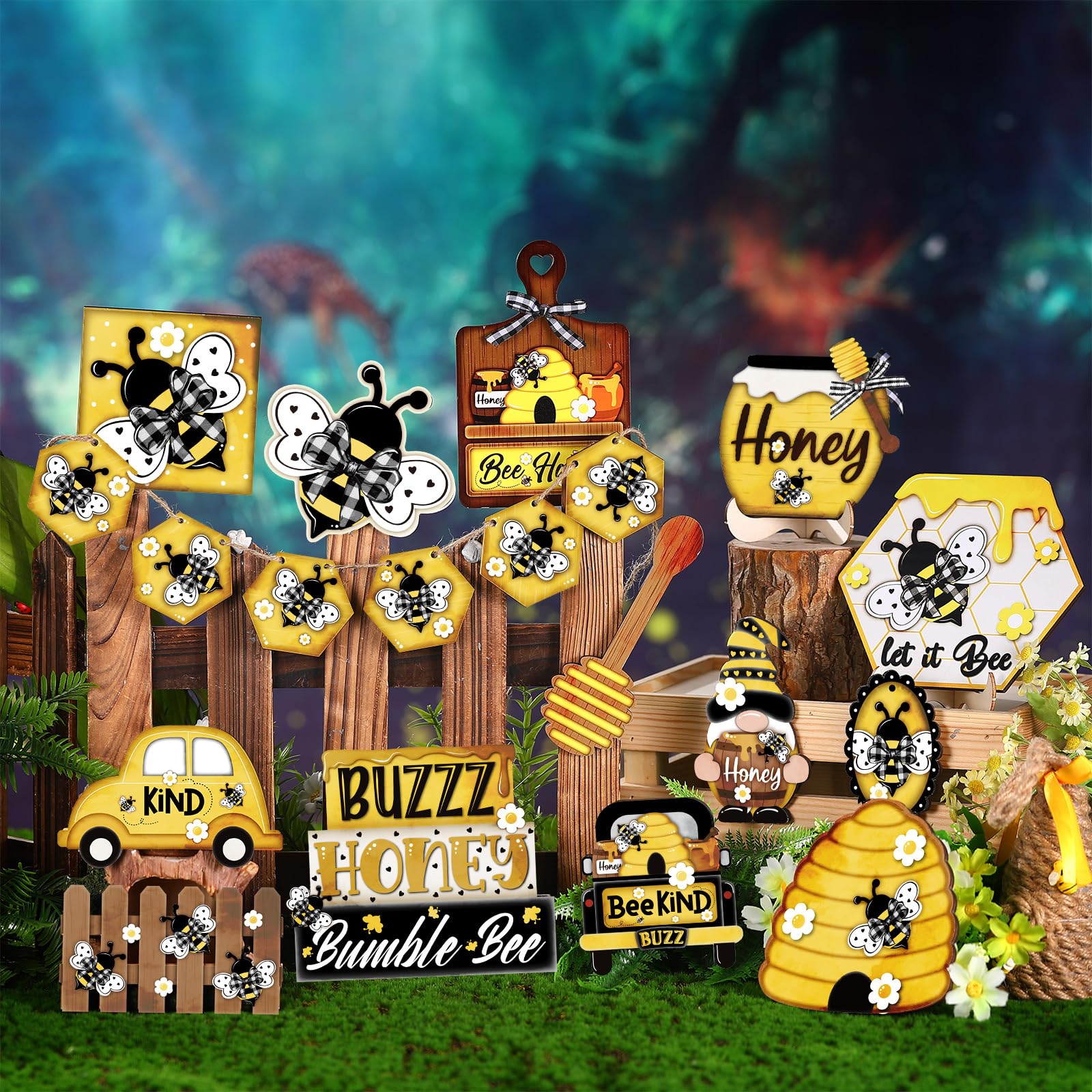 19 Pcs Bee-Themed Tiered Tray Decor Set - Rustic Honey Bee Wooden Signs, Yellow Gnome Hive Truck & Farmhouse Blocks - Sweet Summer Kitchen & Home Table Decorations for Farmhouse, Country Style Dining Room & Outdoor Picnic Parties