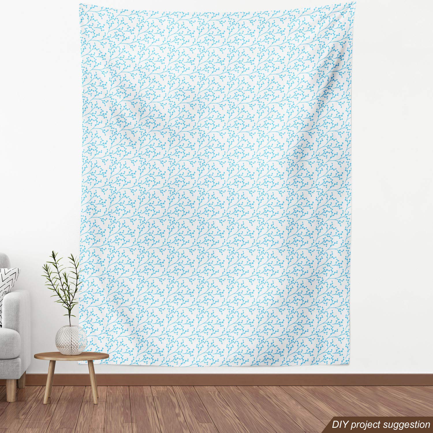 Ambesonne Aqua and White Fabric by The Yard - Hand Drawn Branches with Berry Silhouettes Monochrome Spring Design | Decorative Upholstery Fabric for Sofa, Curtains, Pillows & Home Decor | Perfect for Living Room, Bedroom & DIY Craft Projects