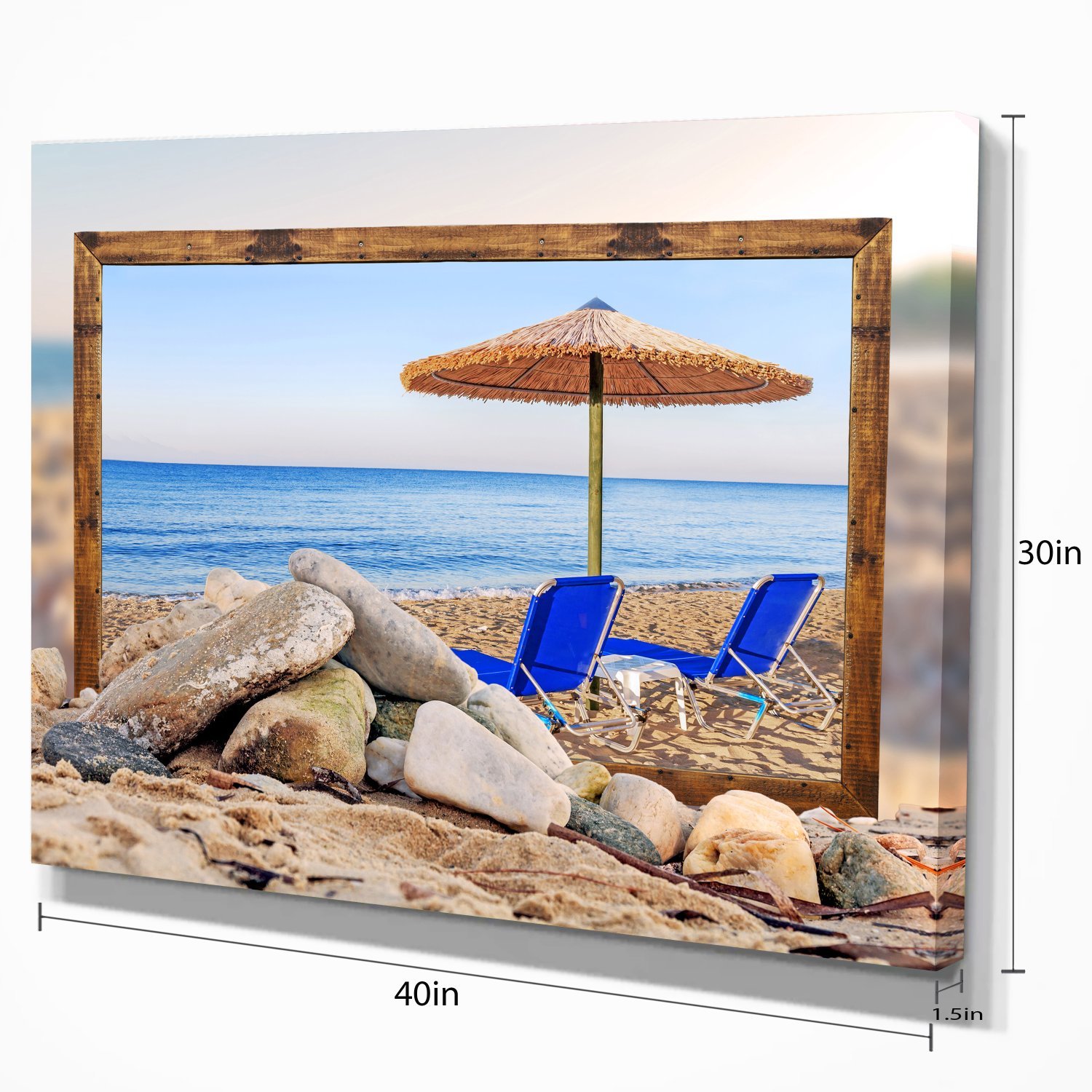 Framed Beach Canvas Art Print - Scenic Seashore with Chairs & Umbrella - Perfect for Living Room, Bedroom & Coastal Decor