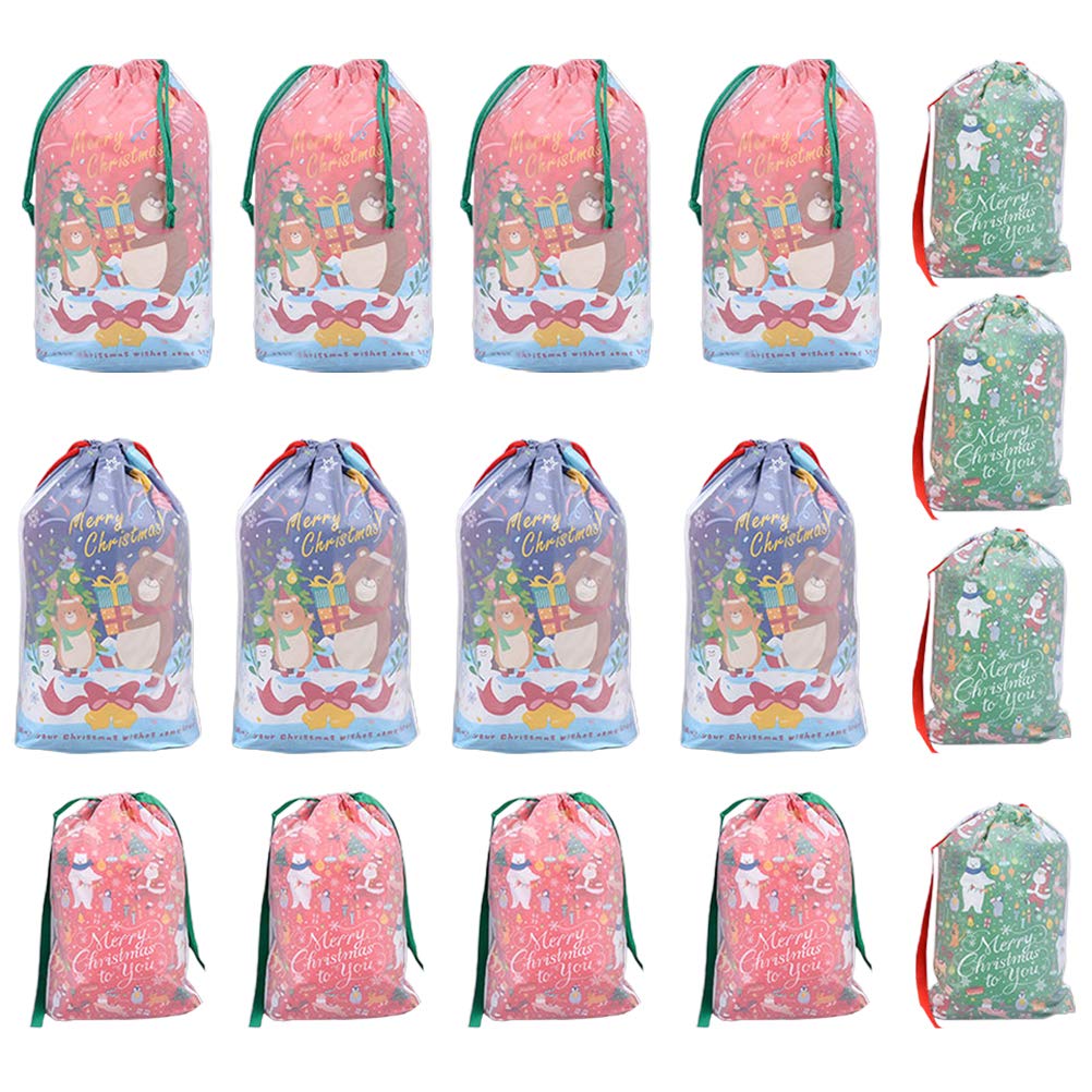 DOITOOL 16Pcs Christmas Plastic Gift Bags - Double Layer Drawstring Holiday Party Favor Bags for Candy, Treats & Small Gifts | Perfect for Christmas Party Favors, Stocking Stuffers & Gift Wrapping