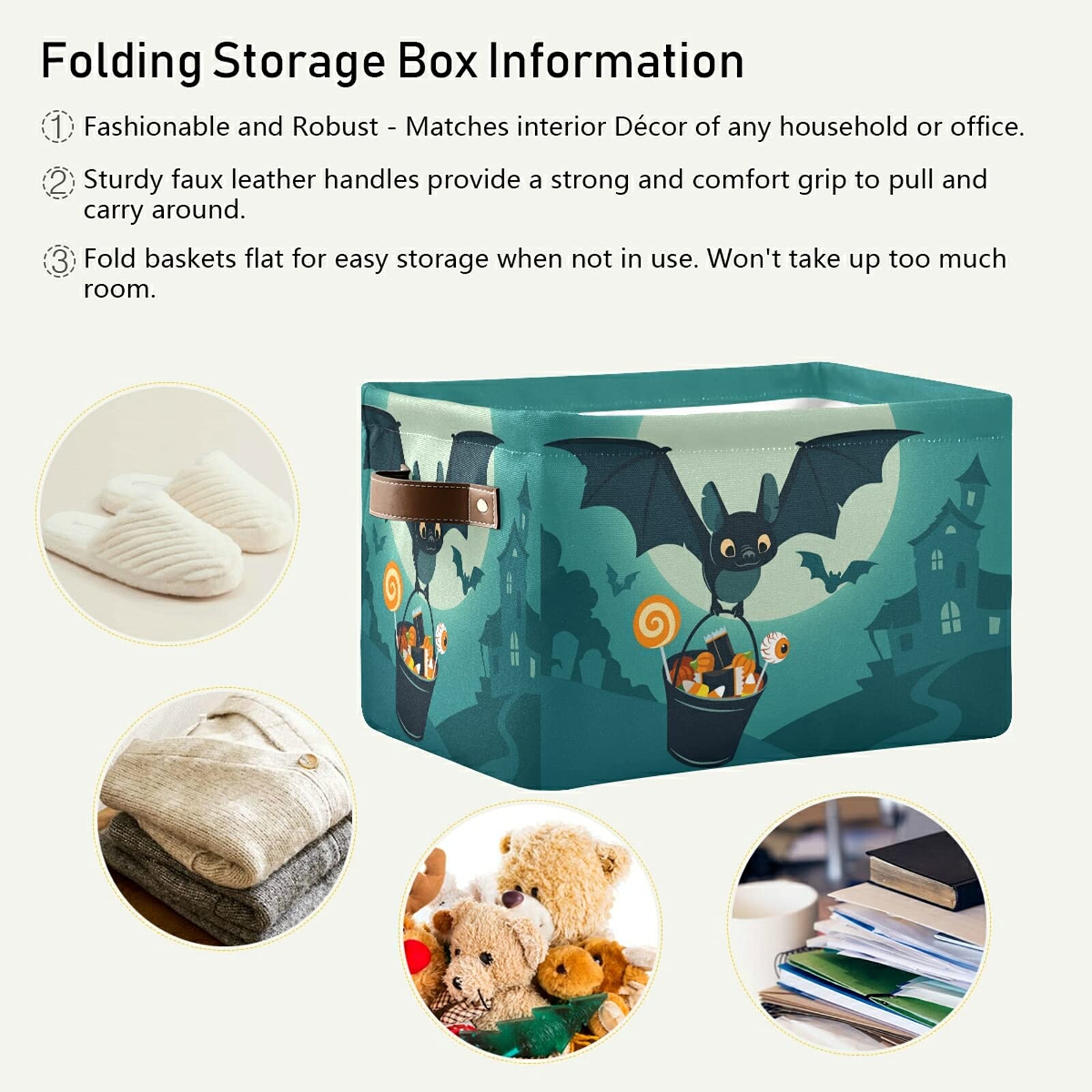 Halloween Cute Bat Flying Foldable Storage Basket - Waterproof Collapsible Fabric Storage Bin with Handles for Shelves, Nursery, Home & Closet Organization (2 Pack) - Perfect for Halloween Decor, Kids Room Storage & Closet Organization