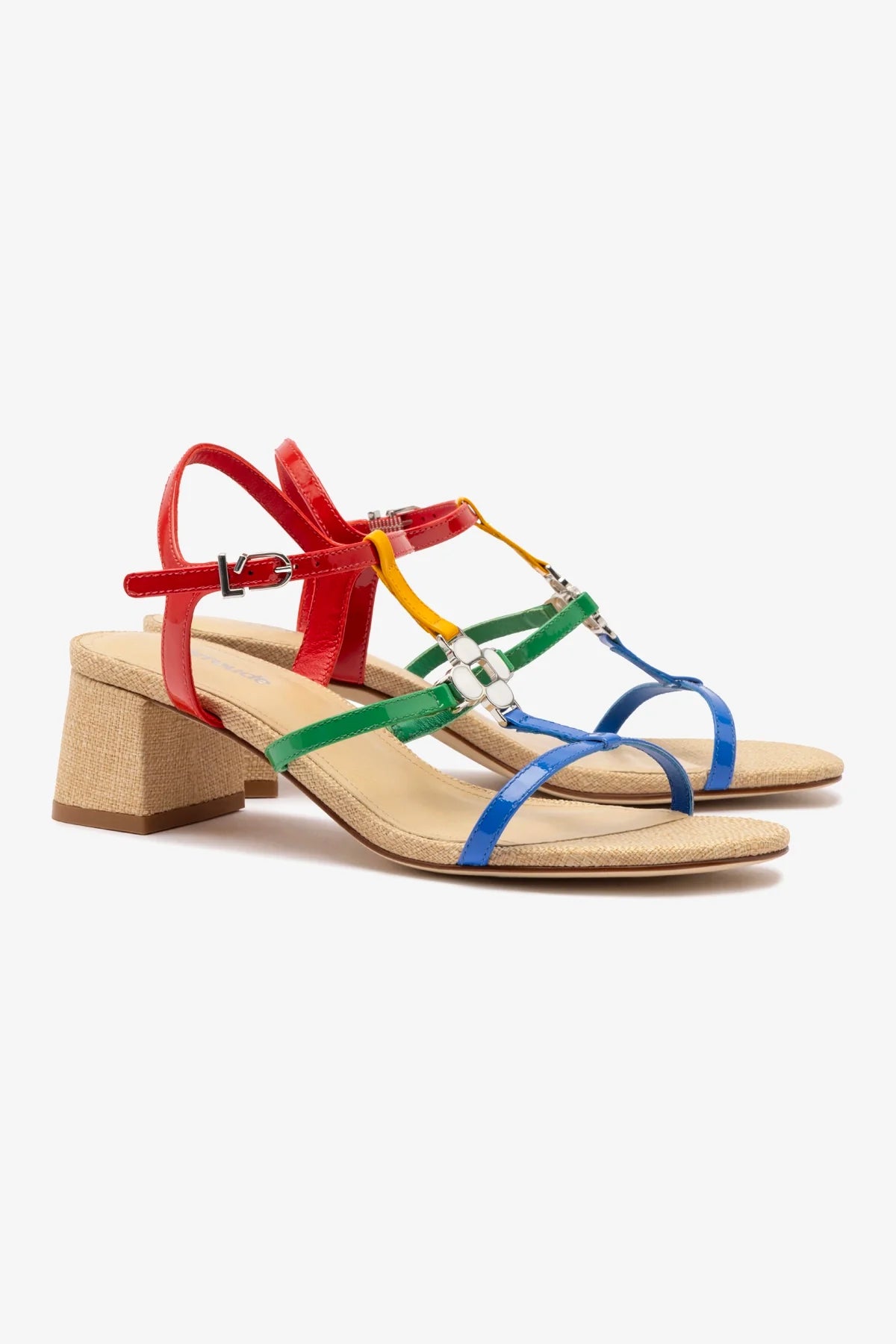 Hana Block Heels in Multicolor Patent Leather and Raffia - Stylish Women's Shoes for Parties, Weddings & Summer Outfits
