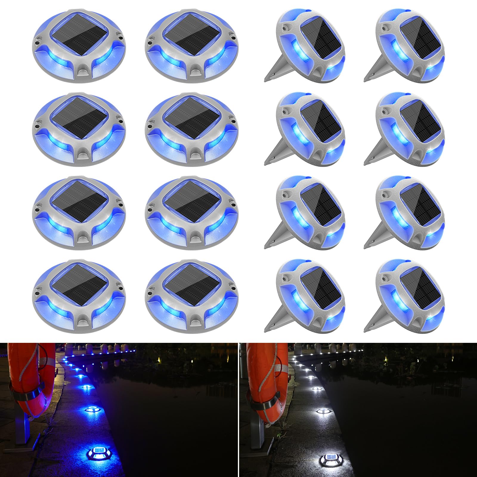 VOLISUN 16 Pack Solar Driveway Lights - 2 in 1 White/Blue LED, IP67 Waterproof Outdoor Step Lights for Driveway, Sidewalk, Pathway, Deck & Dock - Perfect for Night Safety and Landscape Lighting