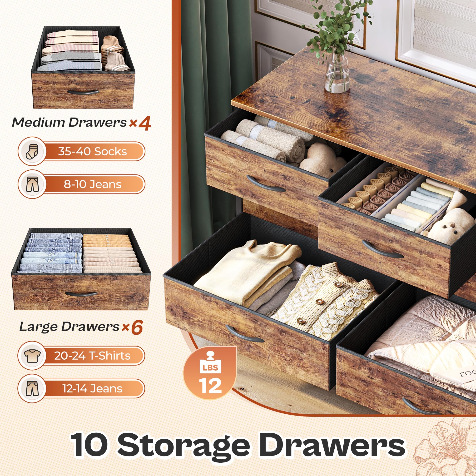 Huuger 63 Inch Rustic Brown Dresser with 10 Fabric Drawers - Bedroom Storage Organizer, TV Stand for 55-70 Inch TVs, Toy & Closet Organizer - Perfect for Home, Office, and Nursery Organization