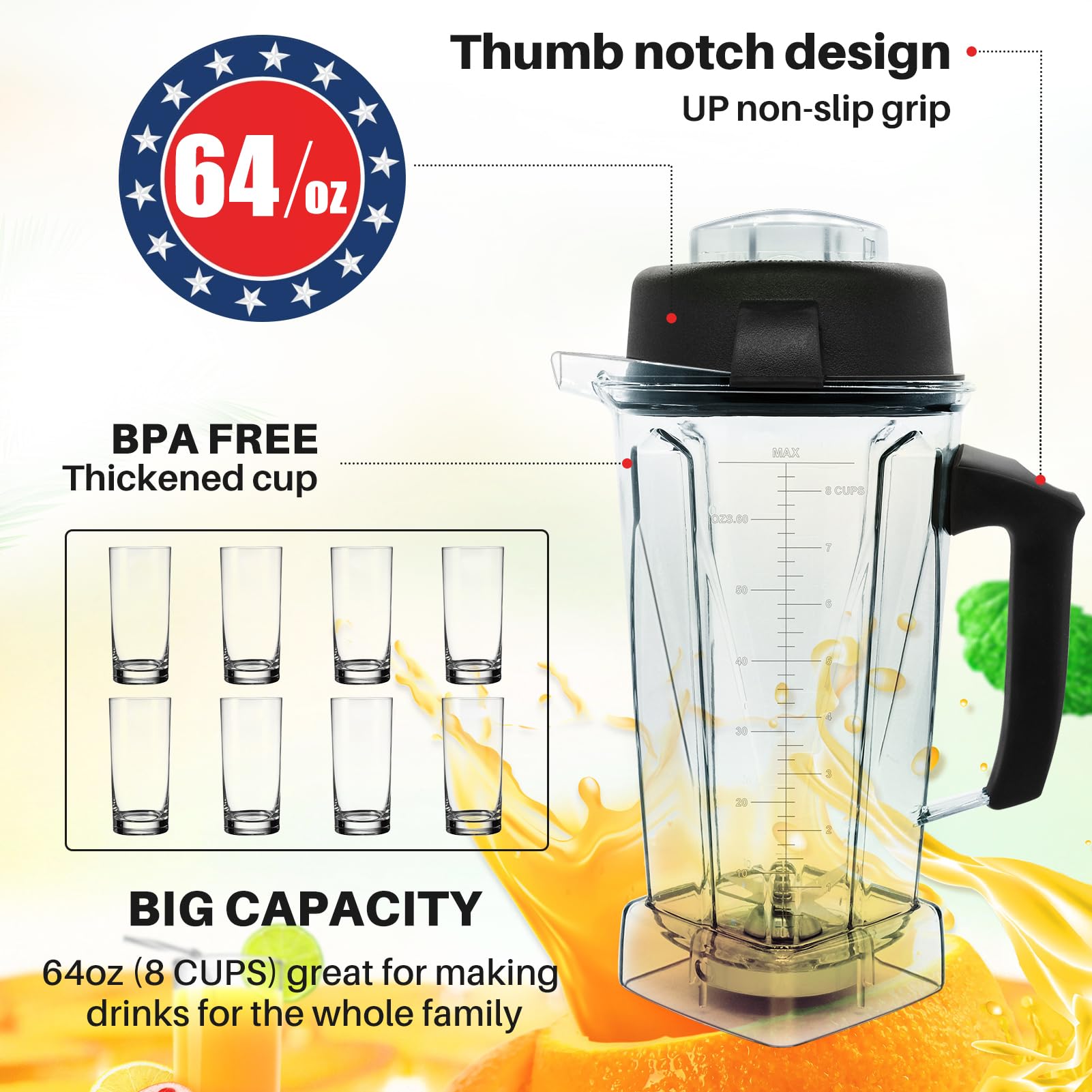 64oz Vitamix Blender Pitcher Replacement with Tamper - Compatible with Vitamix 5200 5300 6000 6300 6500 5000 5500 7500 4500 A2300 Series - Durable Blender Container Jar for Smoothies, Soups & Nut Butters - 1 Year Warranty