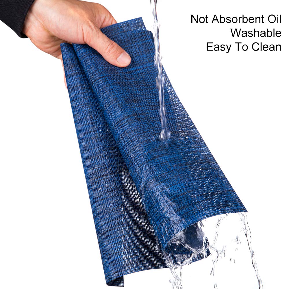 Myir JUN Set of 6 Non-Slip Heatproof Washable Woven Placemats - PVC Fabric Dining Table Mats for Indoor Use (Dark Blue) - Perfect for Everyday Meals, Dinner Parties & Home Decor