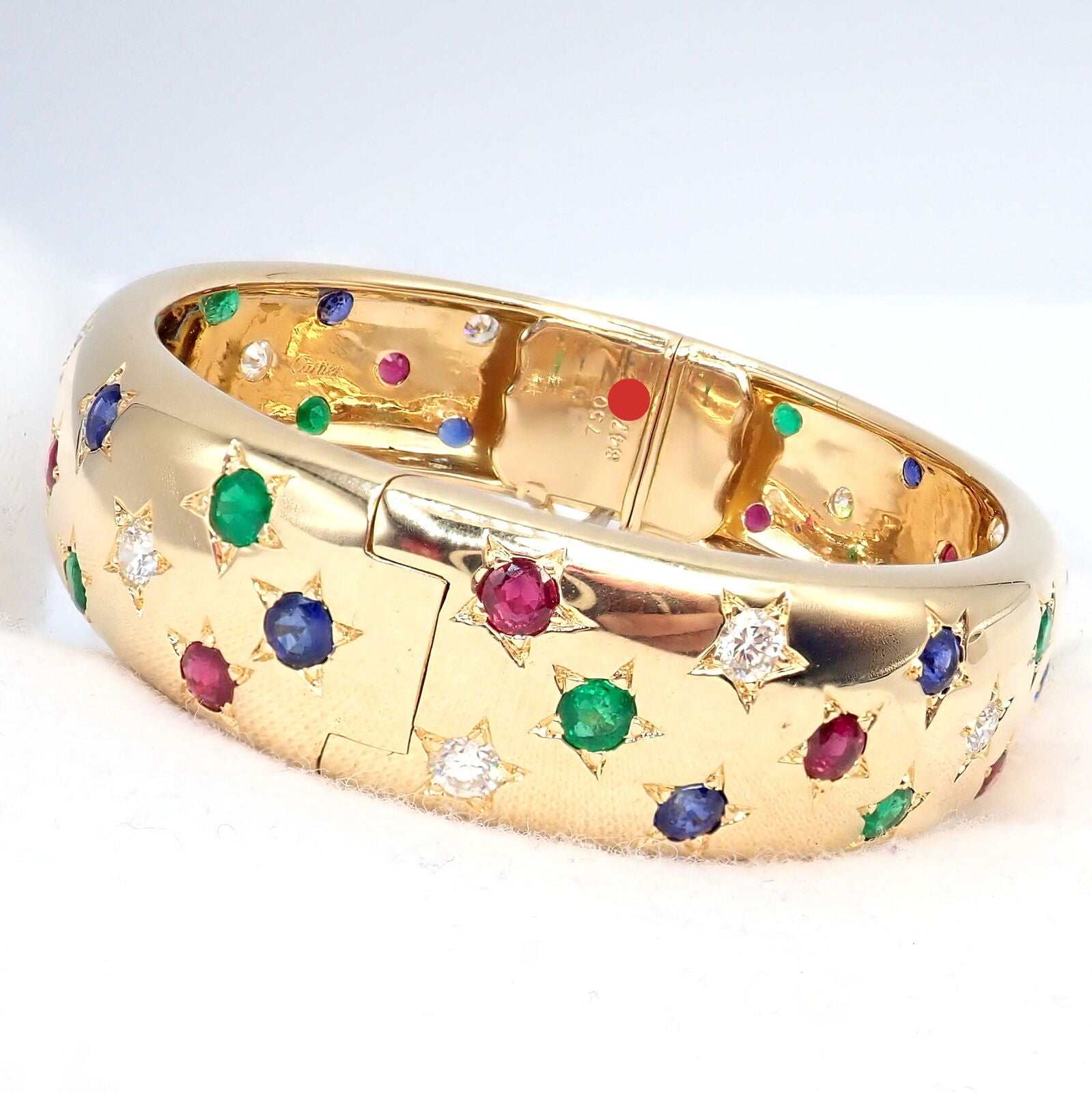 Cartier Star 18k Yellow Gold Diamond Ruby Emerald Sapphire Bangle Bracelet with Certificate - Luxury Jewelry Gift for Women, Anniversary & Special Occasions