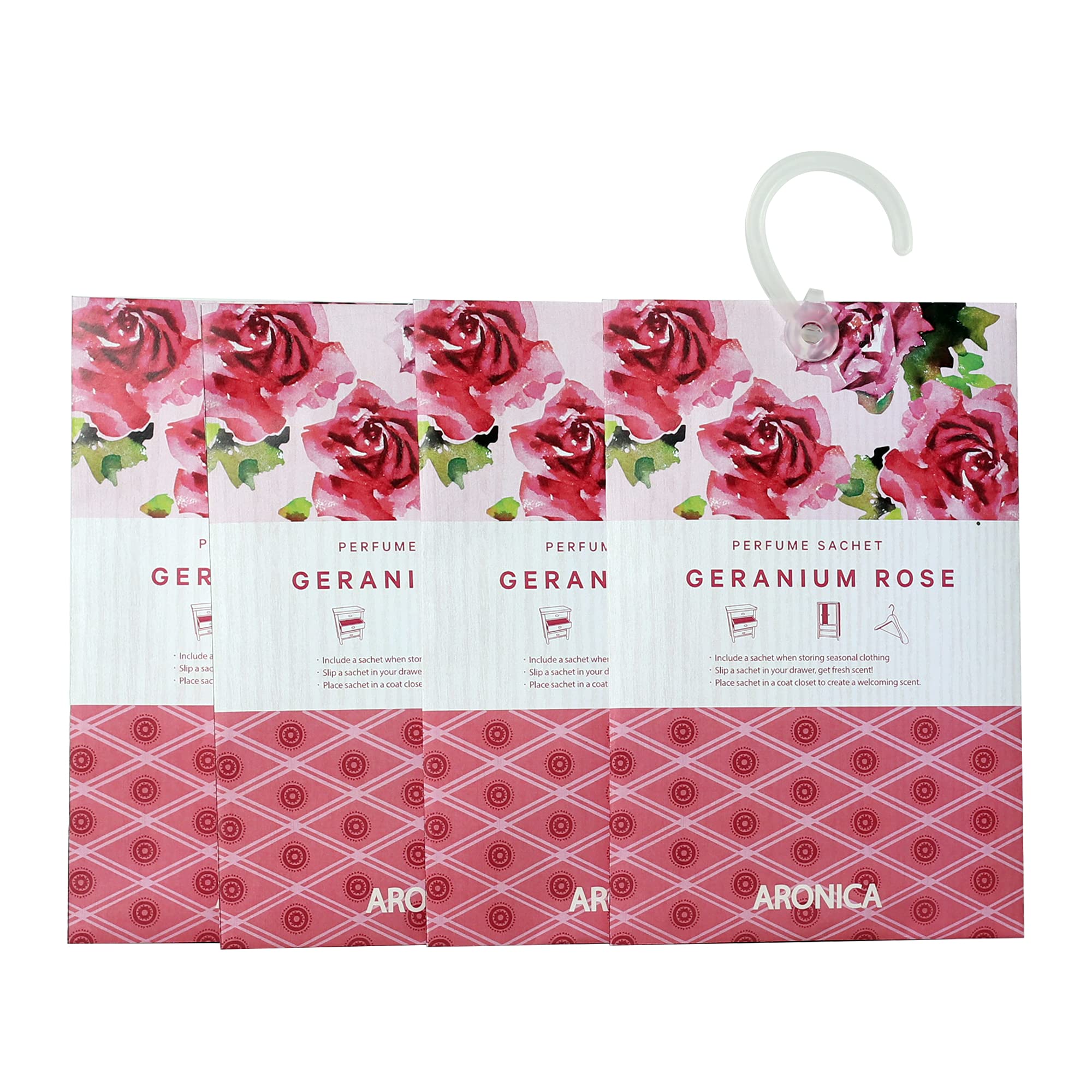 Aronica Geranium Rose Scented Sachets - 4 Pack Drawer & Closet Fresheners with Hangers | Long-Lasting Floral Fragrance for Wardrobes, Linen Closets & Travel Luggage | Home & Office Air Freshener
