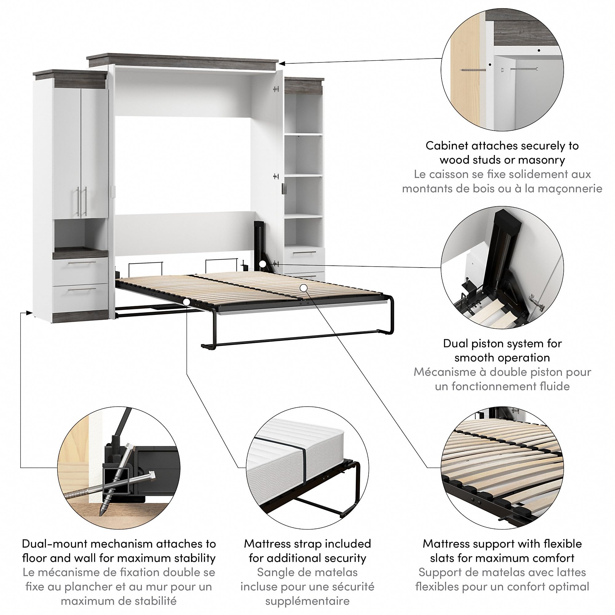 Bestar Orion Queen Murphy Wall Bed with Storage Cabinet & Tall Shelf with Drawers - Space Saving Fold Down Bed for Small Rooms, Guest Rooms & Apartments (106W, White & Walnut Grey)
