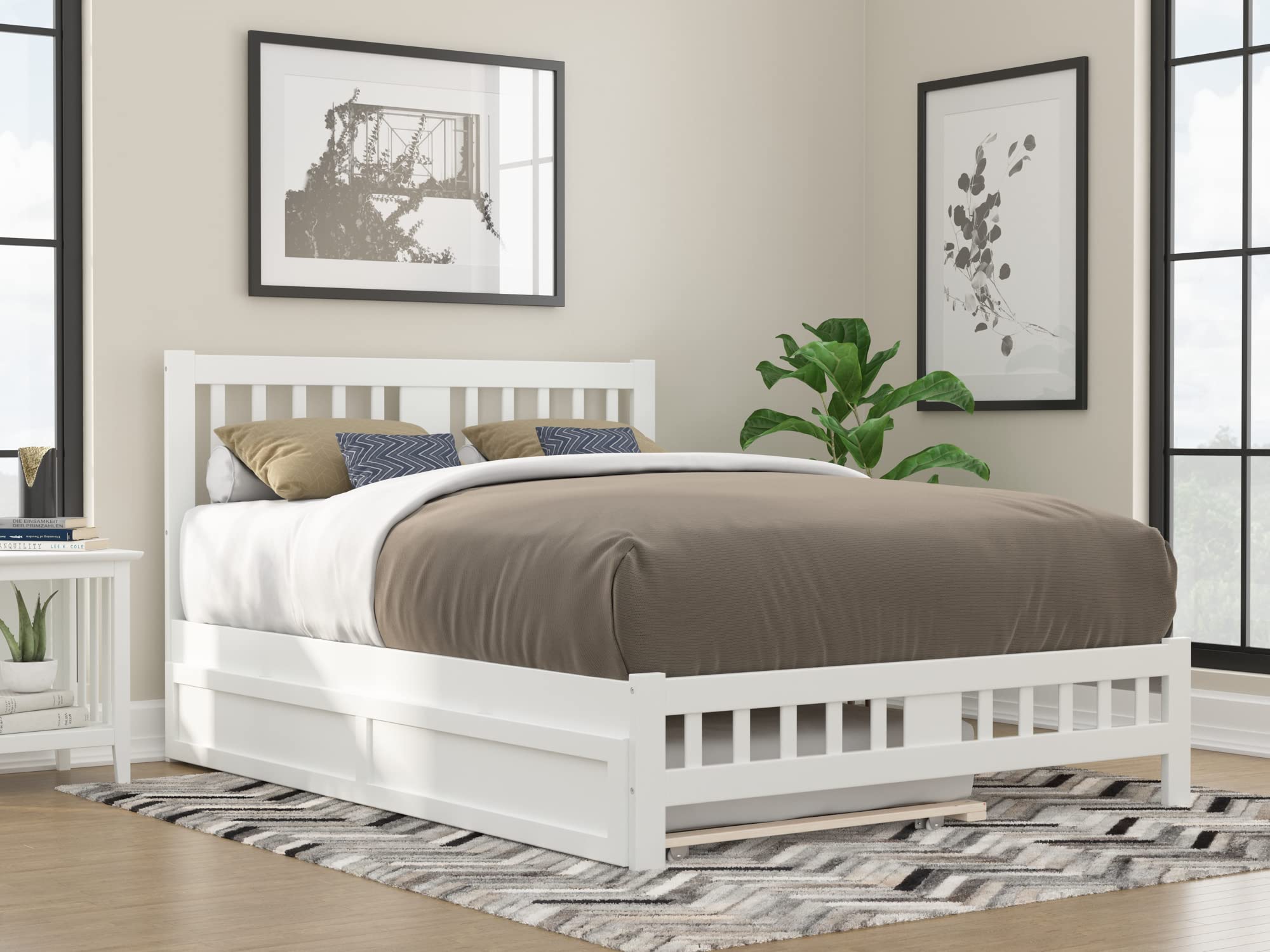 AFI Tahoe Queen Size Platform Bed with Footboard & Twin XL Trundle in White - Modern Bedroom Furniture for Guest Rooms & Small Spaces