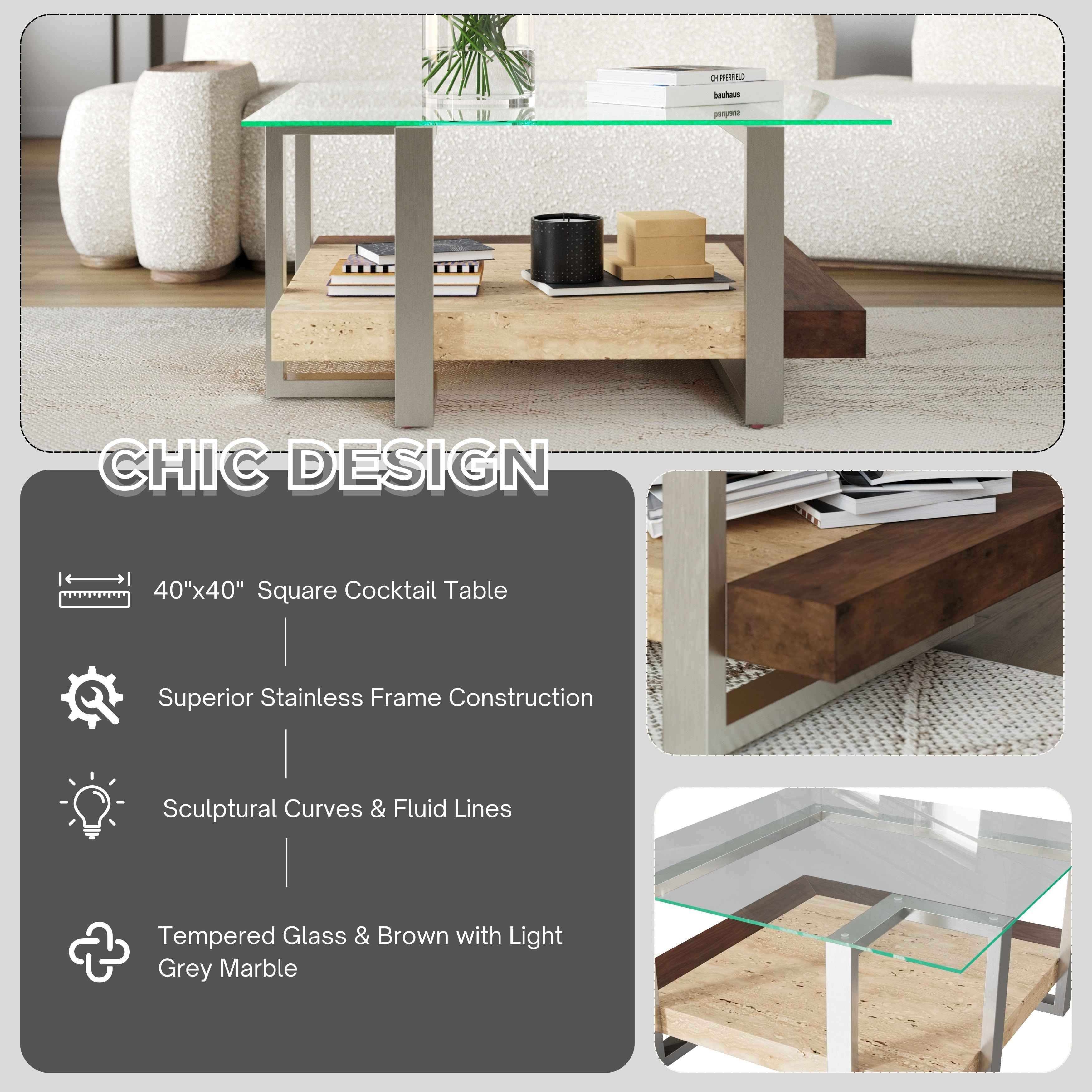 Roundhill Furniture Andes Glass Square Coffee Table with Marble Shelf - Polished Nickel Finish - Modern Living Room Centerpiece for Home & Office Decor
