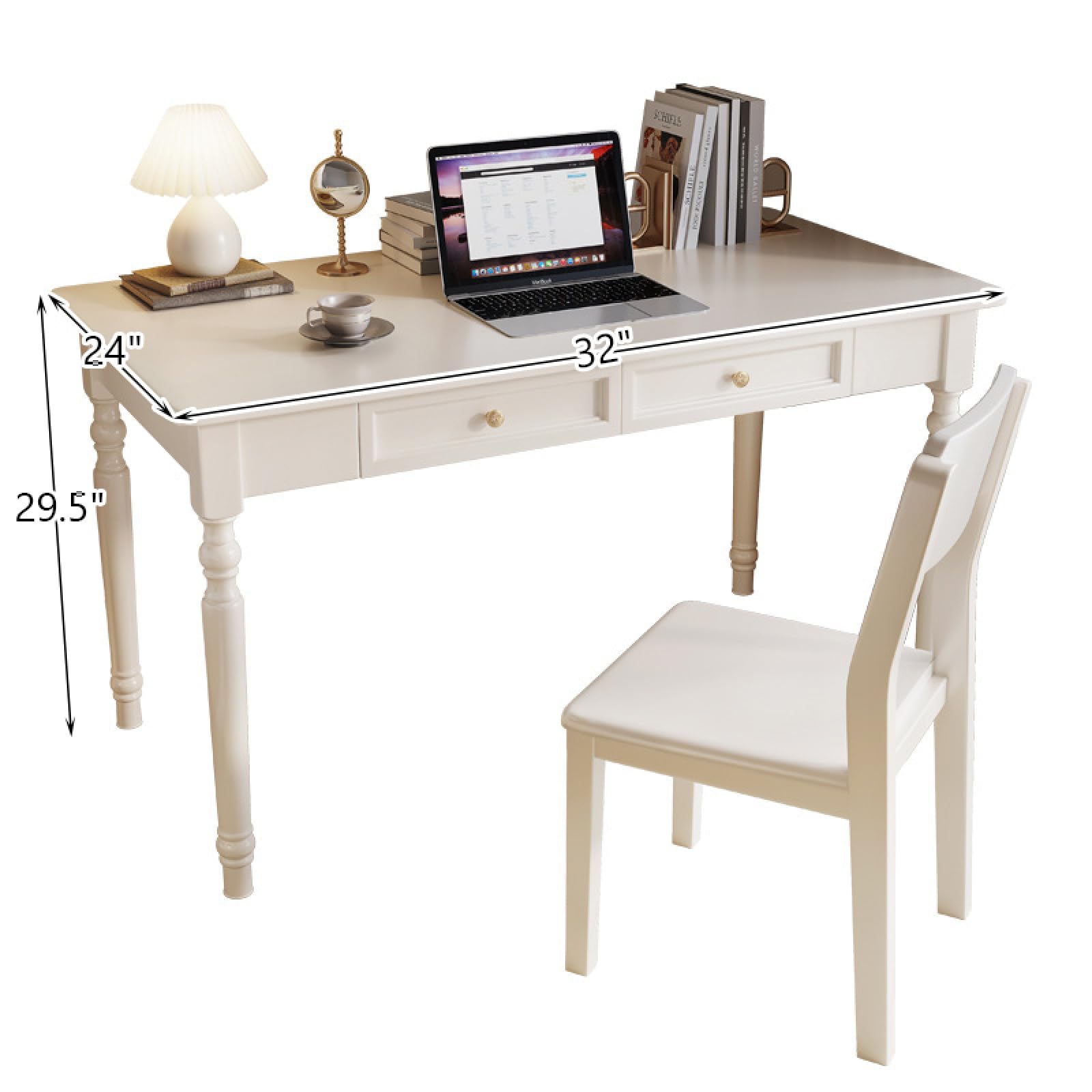 Solid Oak Wood Home Office Desk - 32 Inch Modern Writing Table with 2 Drawers, White Finish | Computer Workstation for Small Spaces & Home Office Furniture