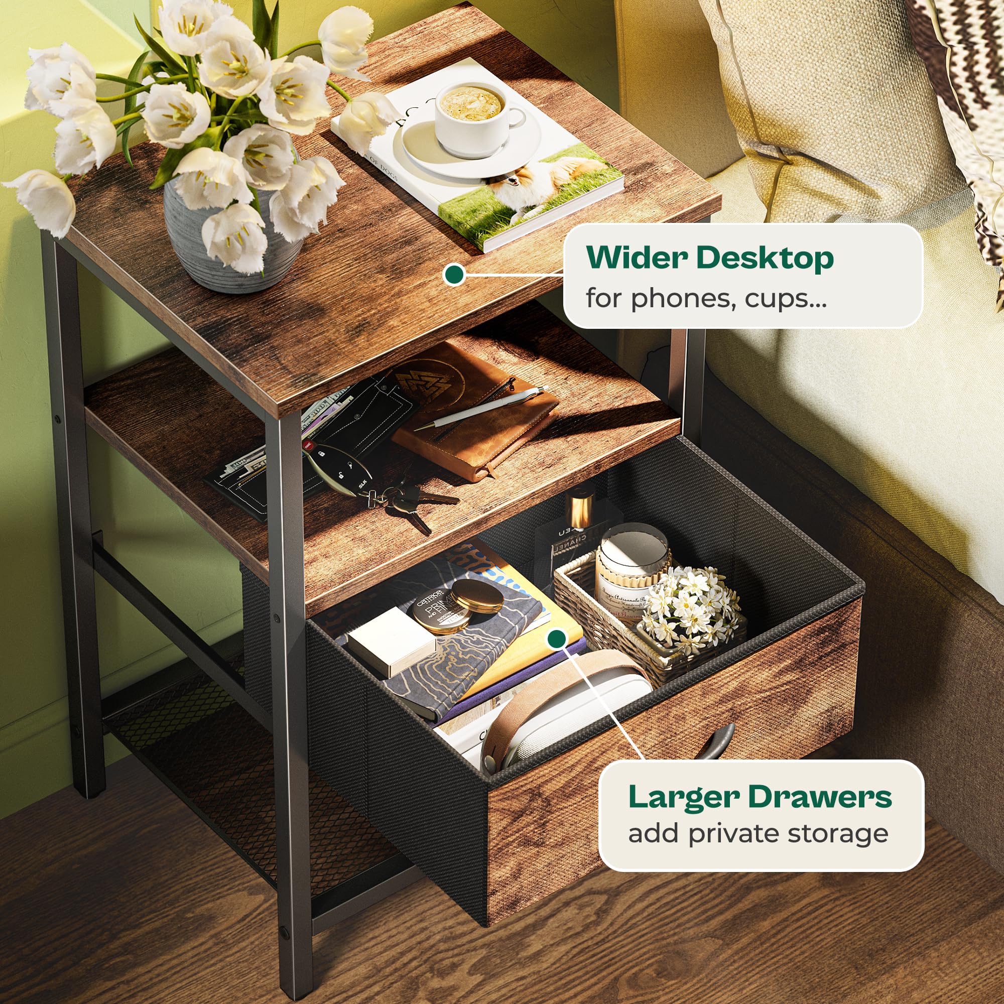 Huuger 2-Piece Nightstand Set with Fabric Drawer & Mesh Shelf - Rustic Brown Bedside Storage Tables with Metal Frame for Bedroom | Perfect for Small Spaces, Apartment Living & Guest Rooms
