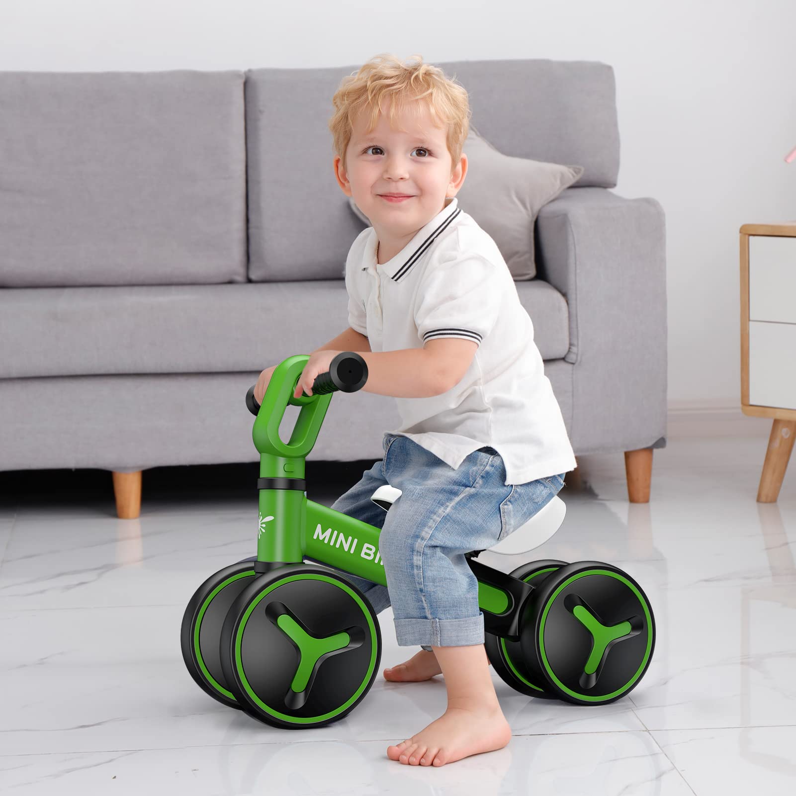 **Baby Balance Bike for 1-3 Year Old Boys & Girls | Adjustable Seat No-Pedal Toddler Bike with 4 Wheels | First Birthday & Christmas Gift | Indoor & Outdoor Learning Ride Toy**