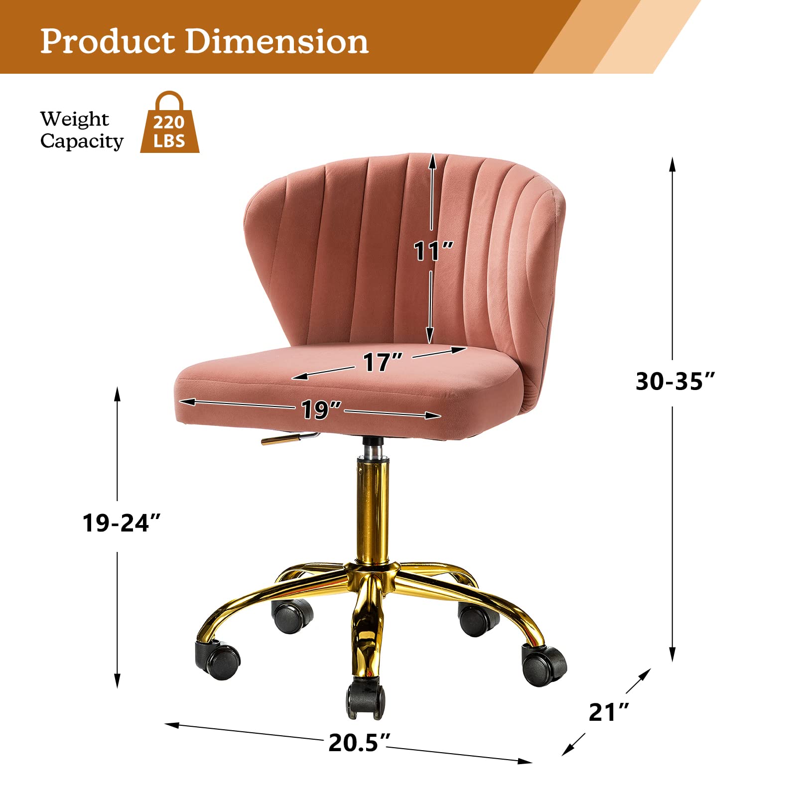 TINA'S HOME Modern Velvet Office Chair with Wheels & Gold Base - Adjustable Low Back Swivel Rolling Task Chair for Home Office, Study, Living Room, Vanity - Pink Velvet Armless Desk Chair for Women & Girls