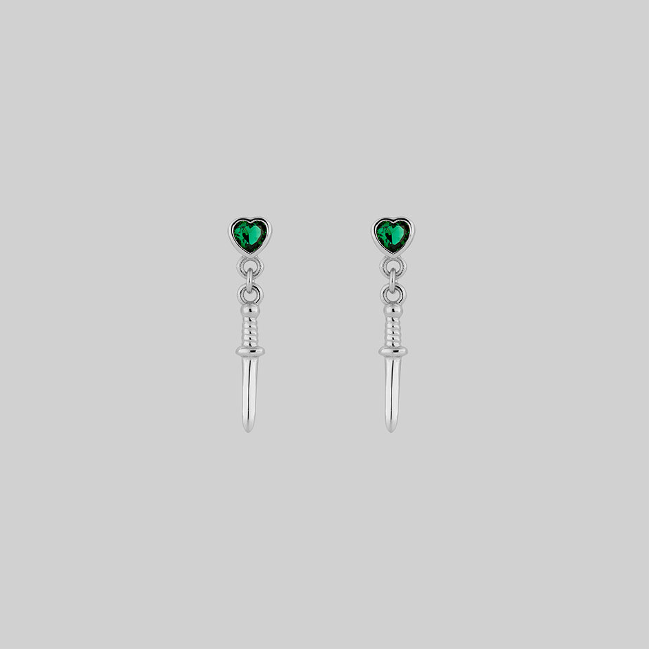 REIGN Sterling Silver Green Heart & Dagger Drop Earrings for Women - Elegant Gothic Jewelry for Parties, Date Nights, and Special Occasions