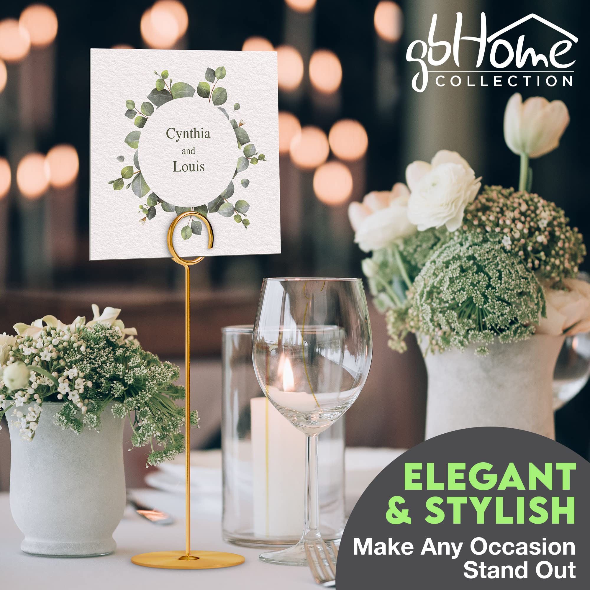 Gold Table Card Holders 12 Pack - 8 Inch Tall Harp-Clip Menu Holders for Restaurants, Weddings, Banquets - Perfect for Place Cards, Reserved Signs, Recipes & Table Numbers