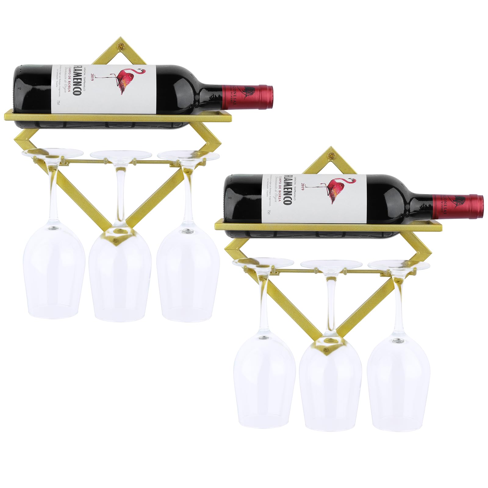 2 Pack Wall Mounted Wine Rack with Glass Holders - Collapsible Metal Hanging Wine Bottle Storage Organizer for Liquor Display (Gold) - Perfect for Kitchen, Bar, Dining Room & Home Decor