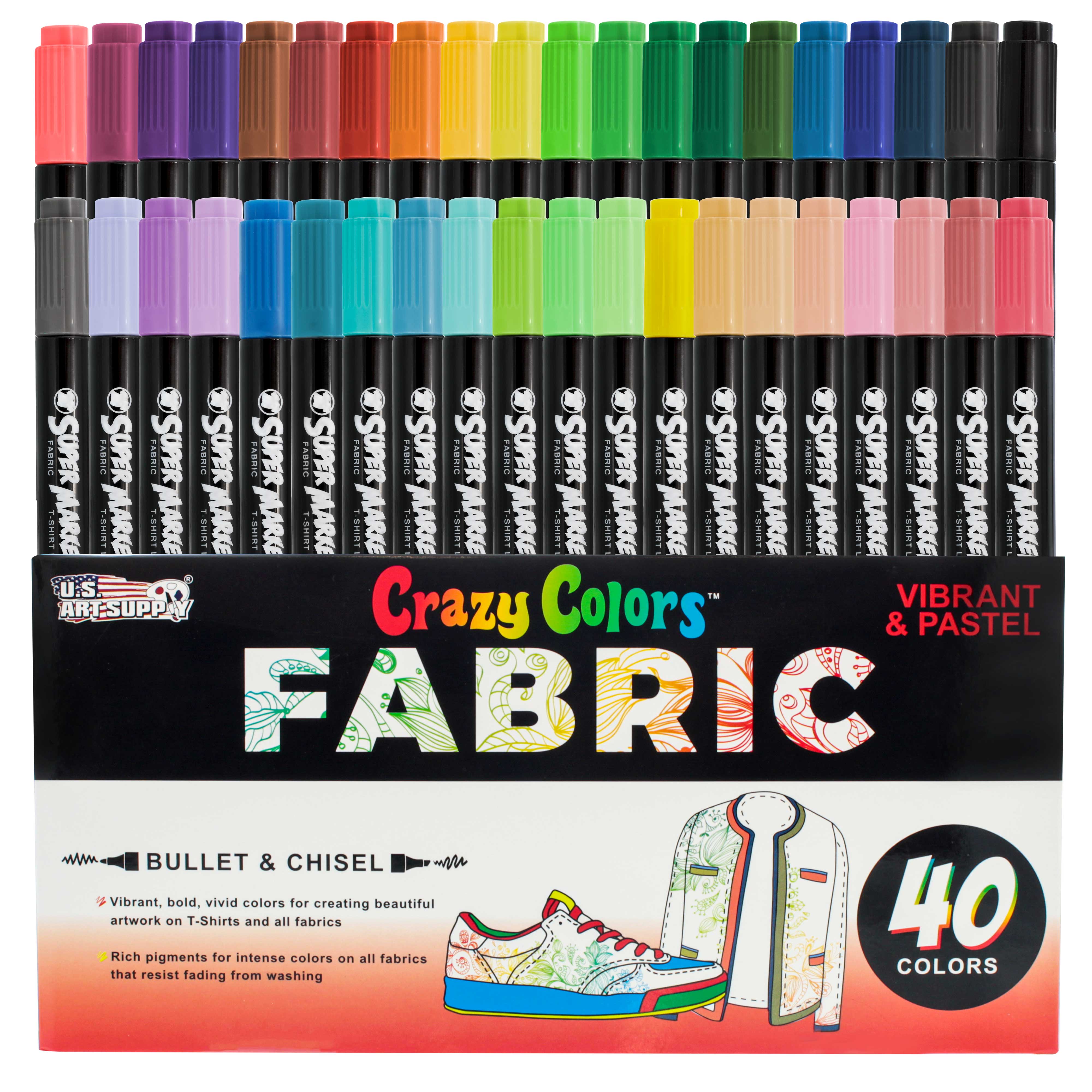 40 Unique Primary & Pastel Colors Dual Tip Fabric Markers - Chisel & Fine Point T-Shirt Markers Set with Vibrant Ink for DIY Crafts, Fashion Design & Fabric Painting