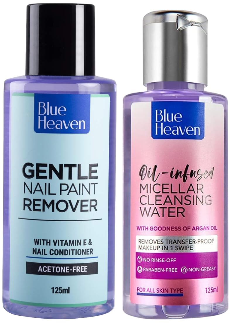 Blue Heaven Oil-Infused Micellar Cleansing Water & Gentle Nail Polish Remover Set - 125ml Each | Hydrating Makeup Remover & Nail Care Kit for Daily Beauty Routine