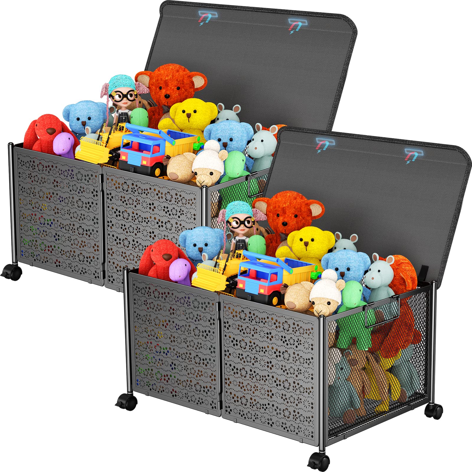 PHINOX 70L Large Toy Storage Box with Wheels - Collapsible Metal Toy Organizer Chest for Kids, Nursery & Playroom - 2 Pack for Boys & Girls | Perfect for Organizing Toys, Books & Games in Bedrooms, Daycares & Play Areas