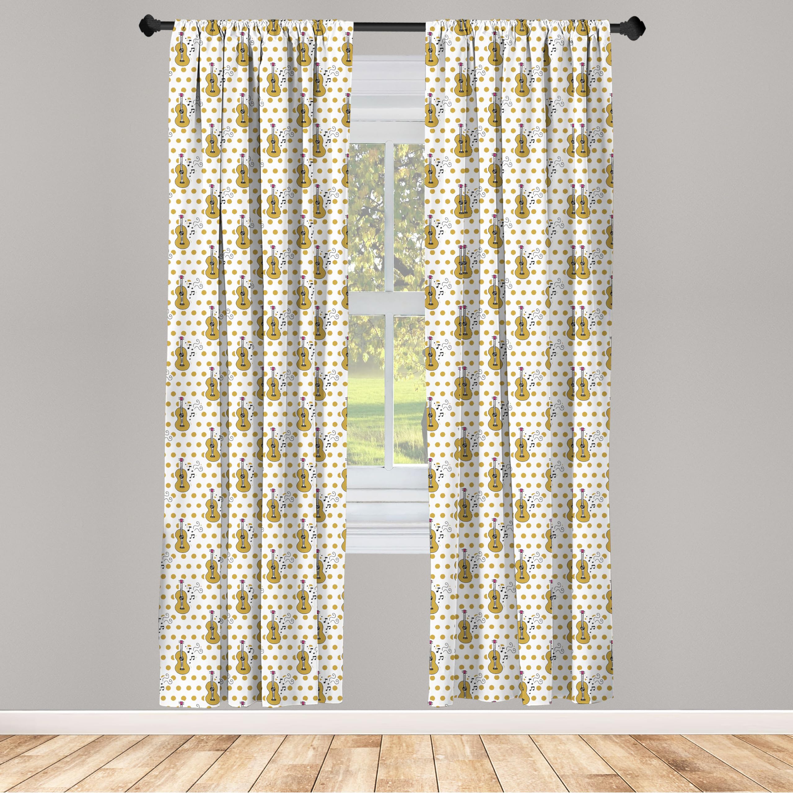 Ambesonne Guitar Themed Curtains - Hand Drawn Musical Instrument & Note Pattern with Retro Polka Dots | 2 Panel Window Treatments Set (28x84 inches) in Pale Coffee, Black & Pink | Perfect for Living Room, Bedroom & Music Studio Decor