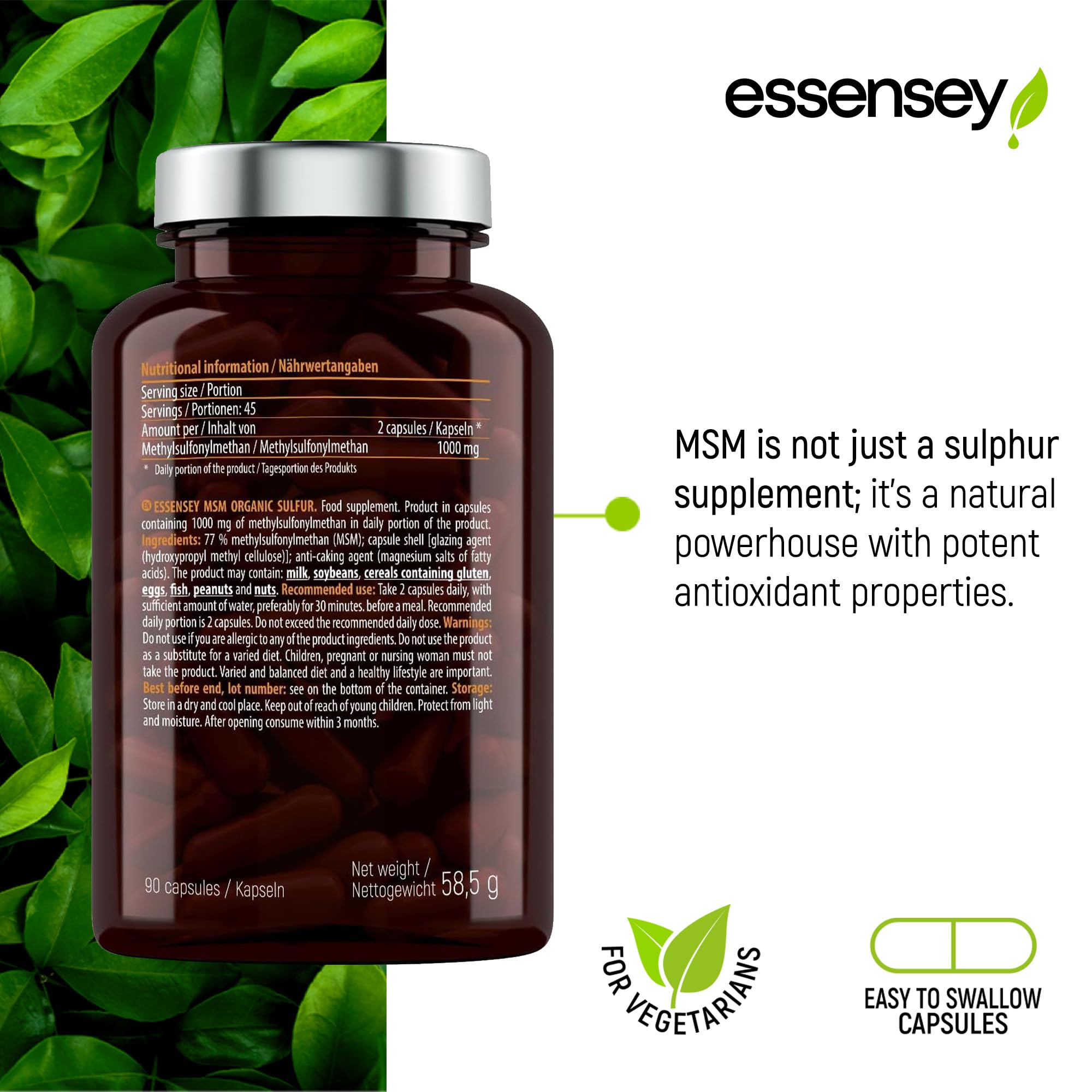 Essensey MSM Organic Sulfur Capsules 1000mg - 90 Count | Joint Support & Muscle Recovery Supplement for Active Lifestyle