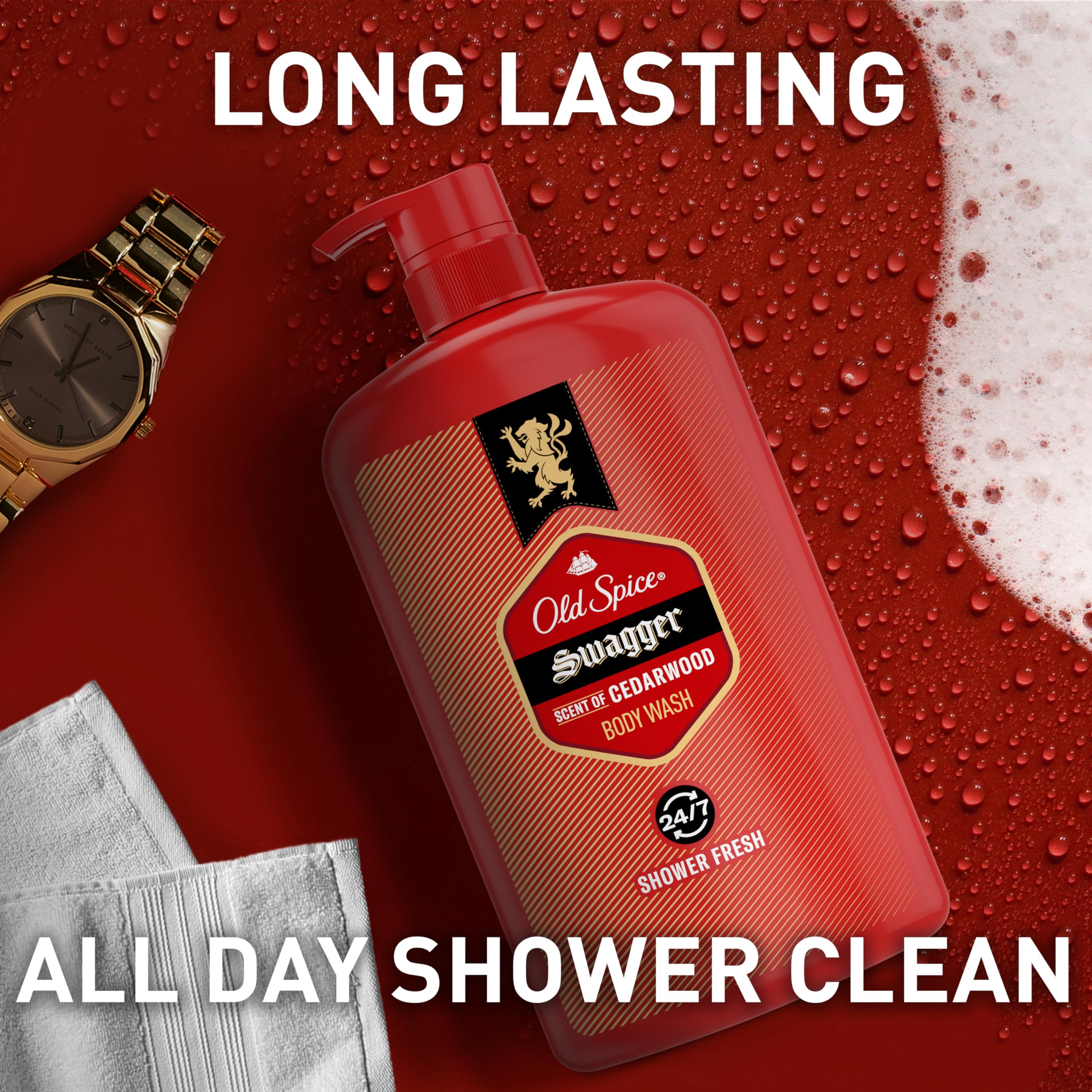 Old Spice Men's Body Wash - 24/7 Shower Fresh with Long-Lasting Cedarwood Scent, Swagger Red Collection, 33.4 fl oz (Pack of 4) | Refreshing Daily Shower Gel for Gym, Work & Active Lifestyle
