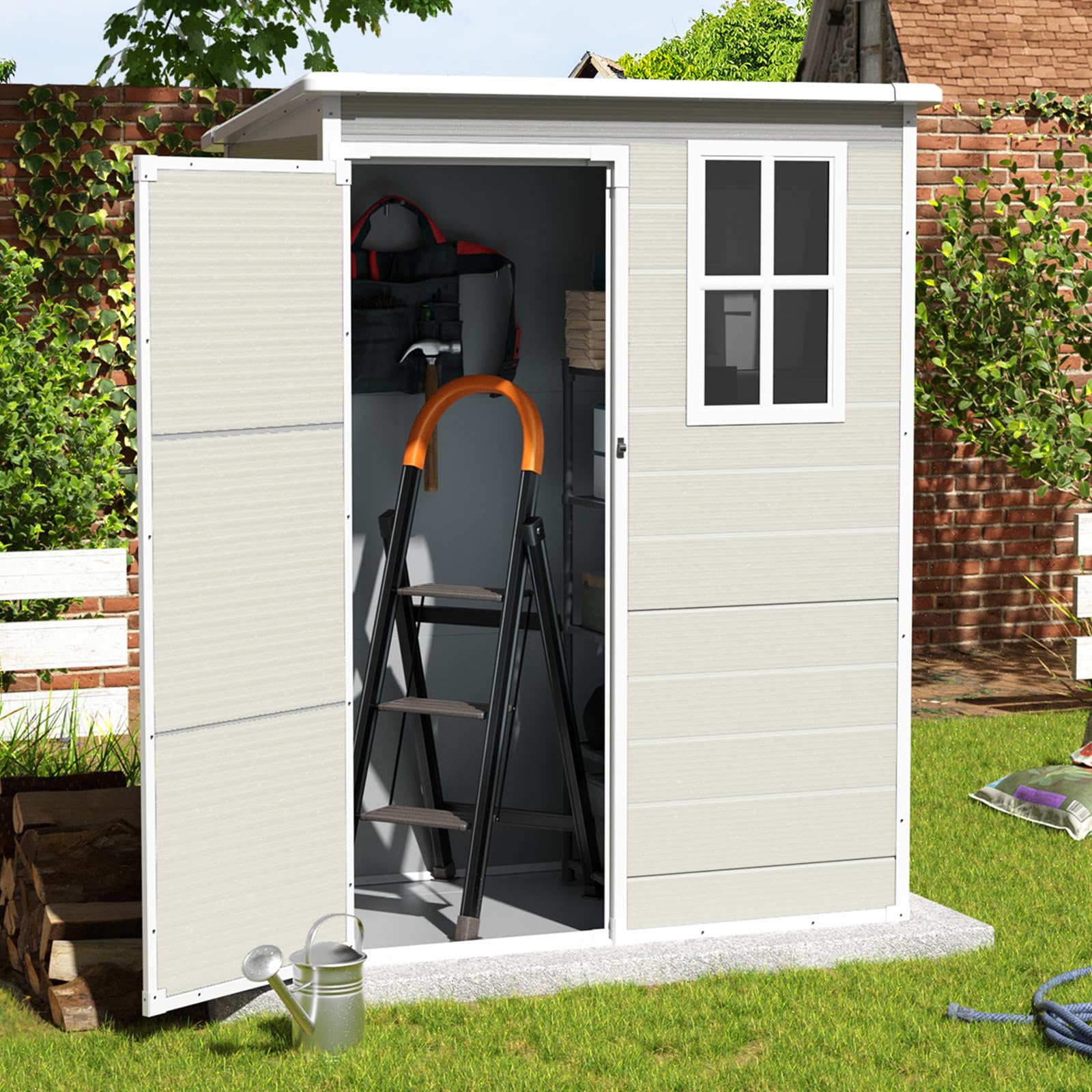 5x3FT Outdoor Storage Shed with Floor - Waterproof Resin Tool Shed with Lockable Door & Window for Bike, Garbage Cans, Garden Accessories - Perfect for Backyard, Patio, and Garage Organization (Sandstone Color)