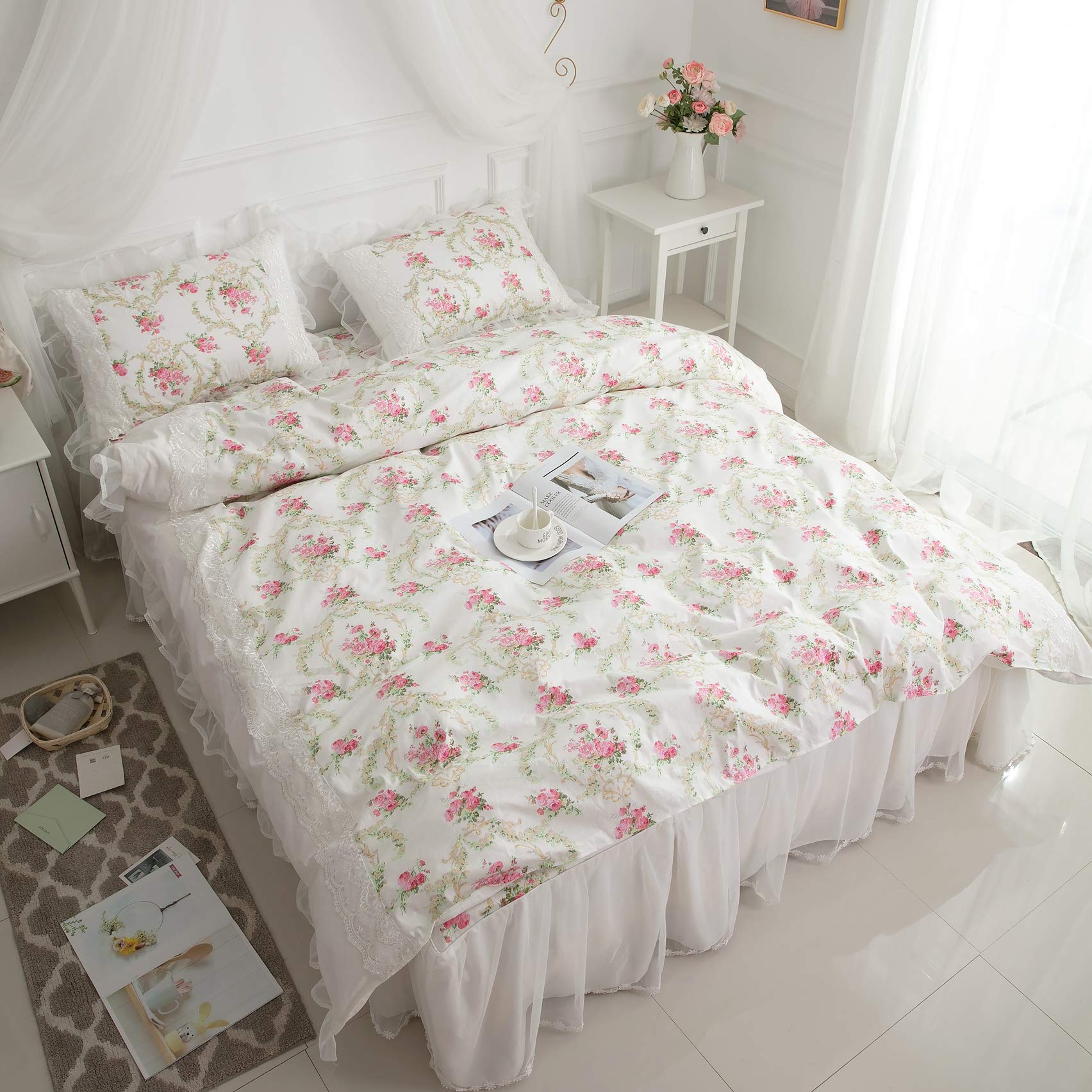 LELVA Girls Bedding Set 4-Piece Queen Size - Lace Ruffle Duvet Cover with Bed Skirt, Vintage Floral Print, White - Princess Style Bedroom Decor for Kids & Teens Room