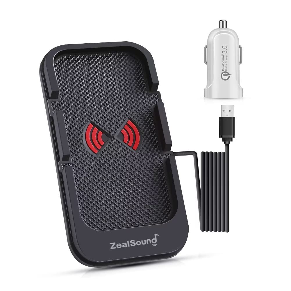 ZealSound Wireless Car Charging Pad - Fast Qi Charger with Anti-Slip Silicone Mat & Phone Holder for iPhone 15/14/13, Samsung Galaxy S23/S22, Note 20 - Perfect for Road Trips, Commuting & GPS Navigation (Black)