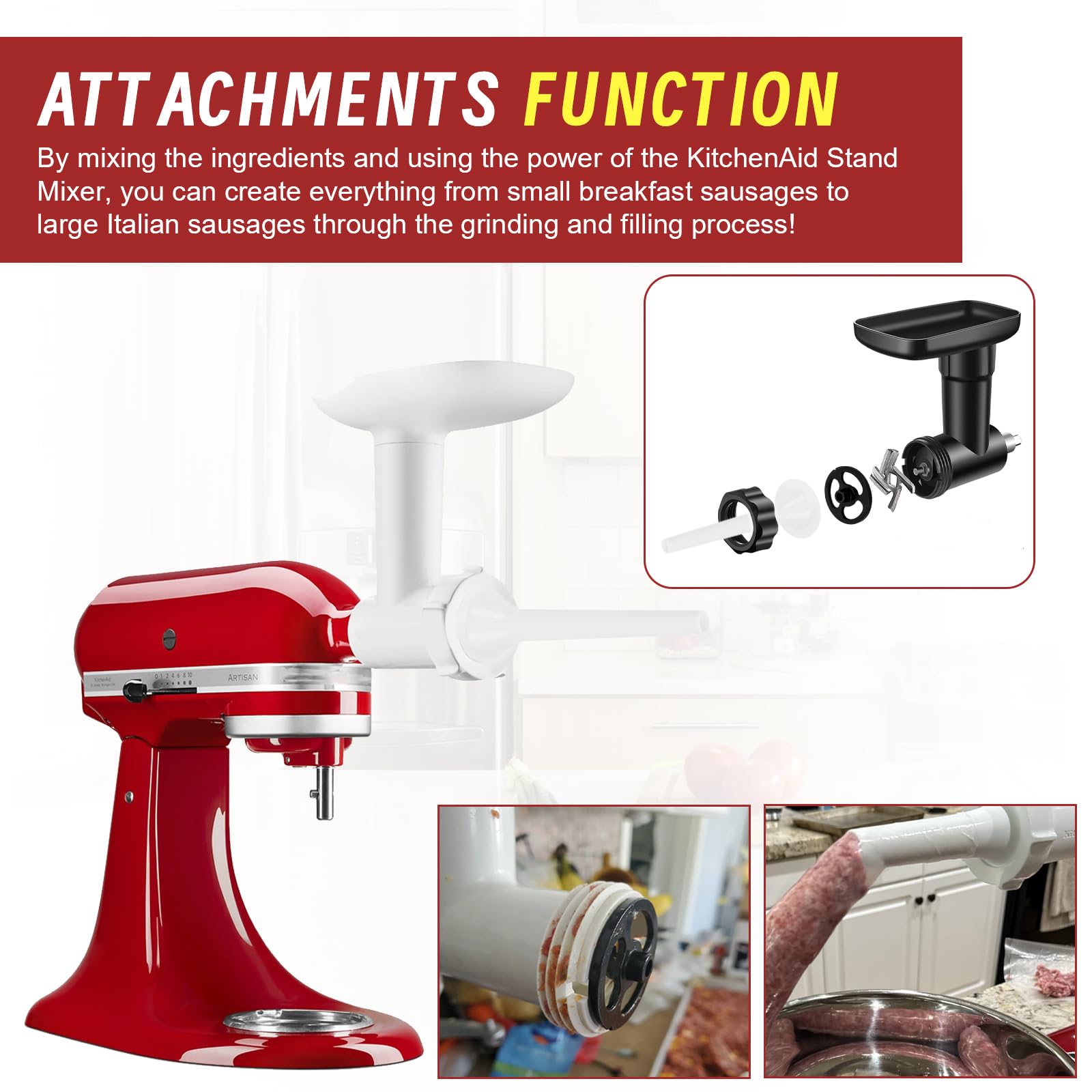 KitchenAid Stand Mixer Sausage Stuffer Kit - 3-Piece Meat Grinder Attachment with Sausage Tubes, Compatible with KitchenAid Mixers - Perfect for Homemade Sausages, Burgers & Ground Meat Prep