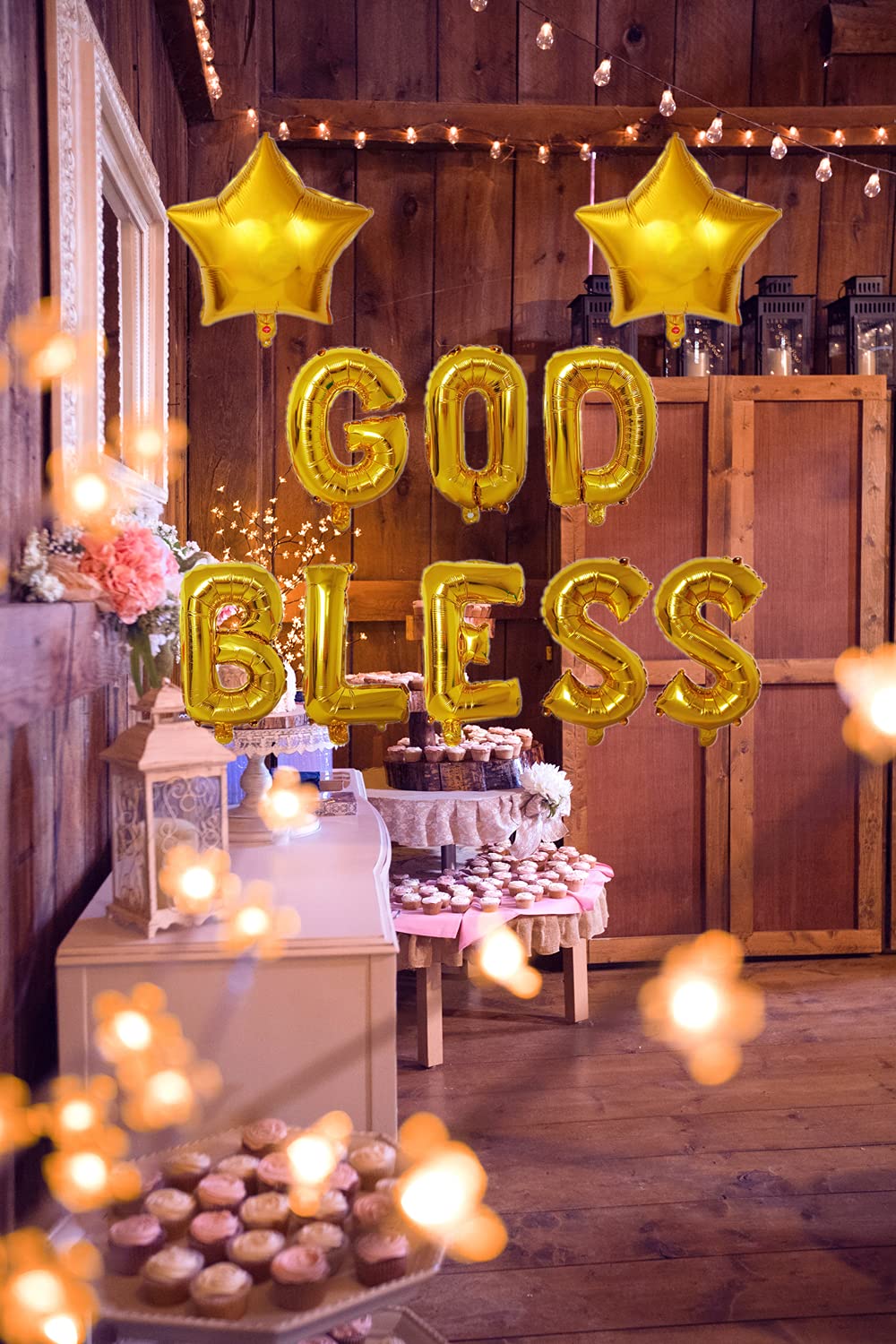 God Bless Balloons Banner - First Communion & Confirmation Decorations with 2 Star Balloons - Perfect for Baby Showers, Baptisms & Religious Celebrations