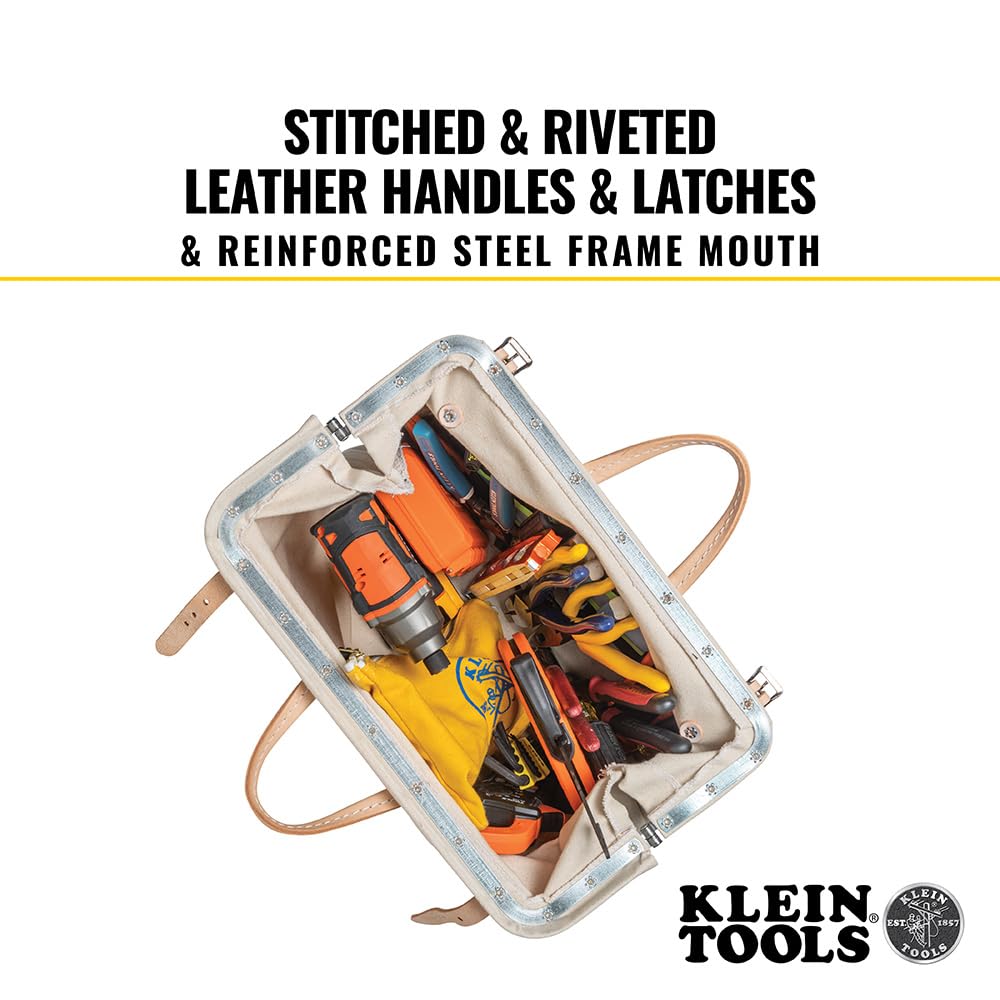 Klein Tools 5102-16 Heavy Duty Natural Canvas Tool Bag - 16-Inch Multi-Purpose Tool Tote with Wide Hinged Opening & Leather Handles - Perfect for Electricians, Contractors & DIY Home Improvement Projects