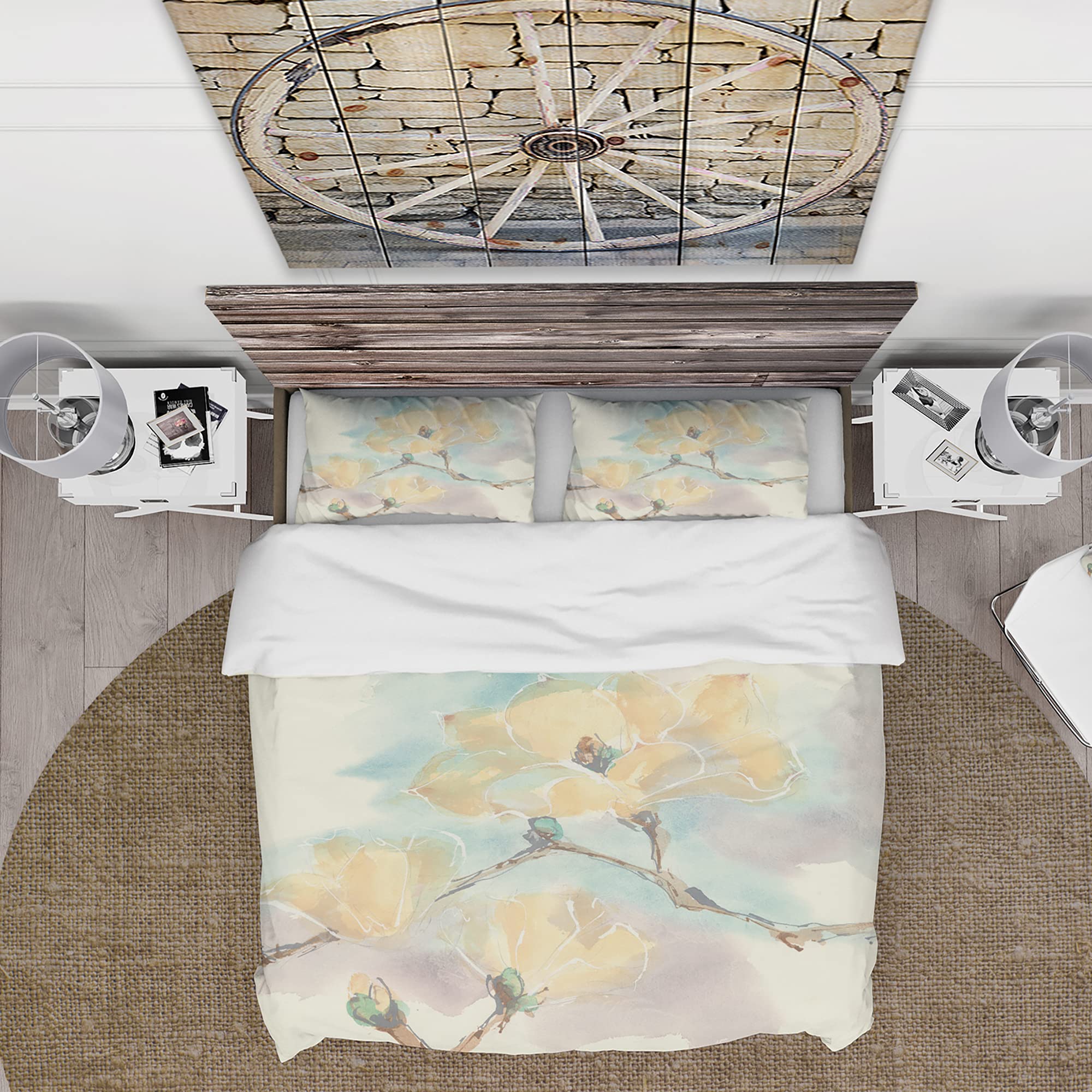 DesignQ Magnolias in White Traditional Duvet Cover Set | Blue Floral Queen Size Bedding Set (3-Piece) | All Season Comfort | Perfect for Master Bedroom, Guest Room & Vacation Homes
