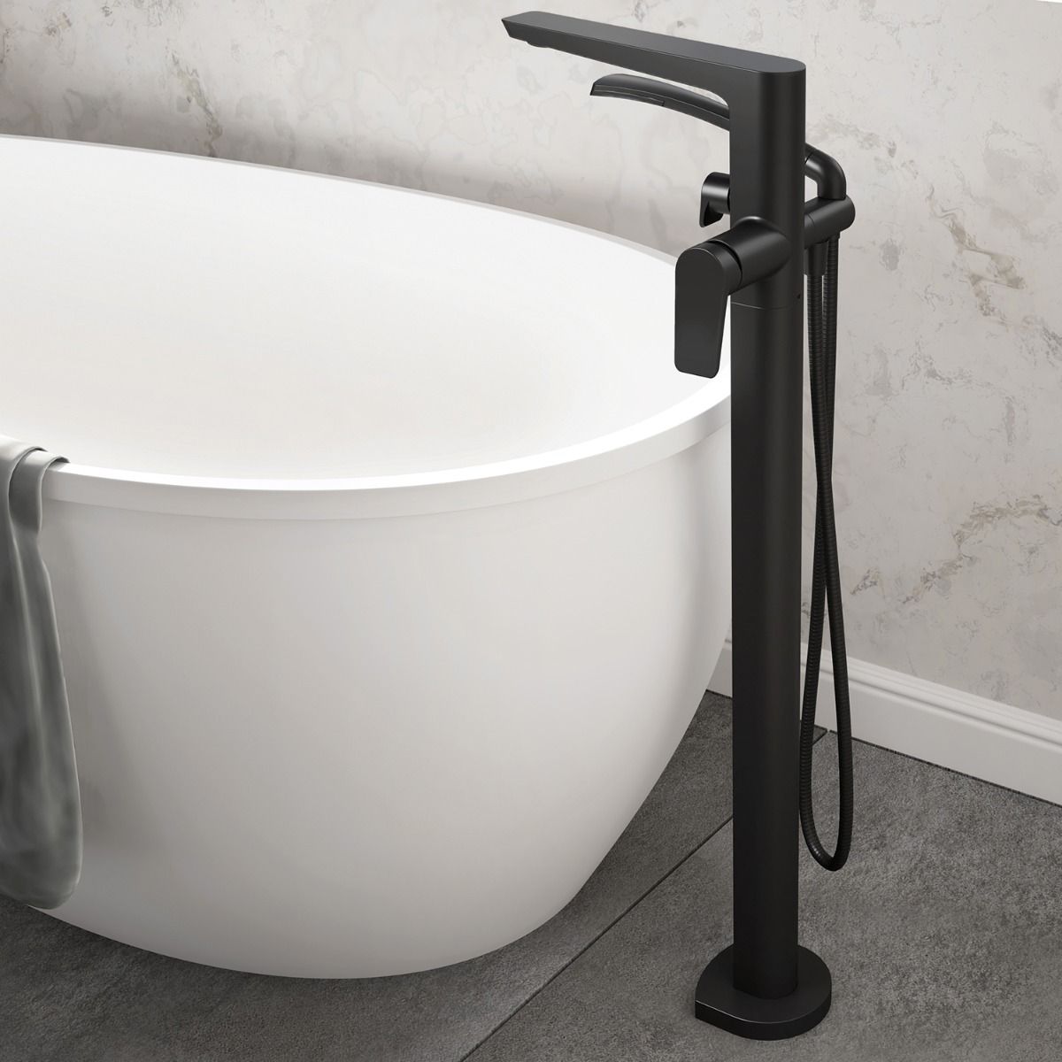 KALIA MOROKA Floor Mount Tub Filler with Hand Shower in Matte Black - Perfect for Modern Bathroom Renovations and Spa-Like Shower Experiences