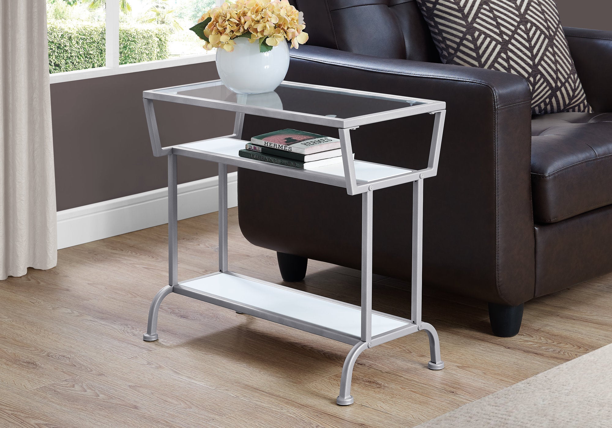 Modern Accent Table 22 Inch Height in White & Silver with Tempered Glass Top - Perfect for Living Room, Bedroom, or Office Decor