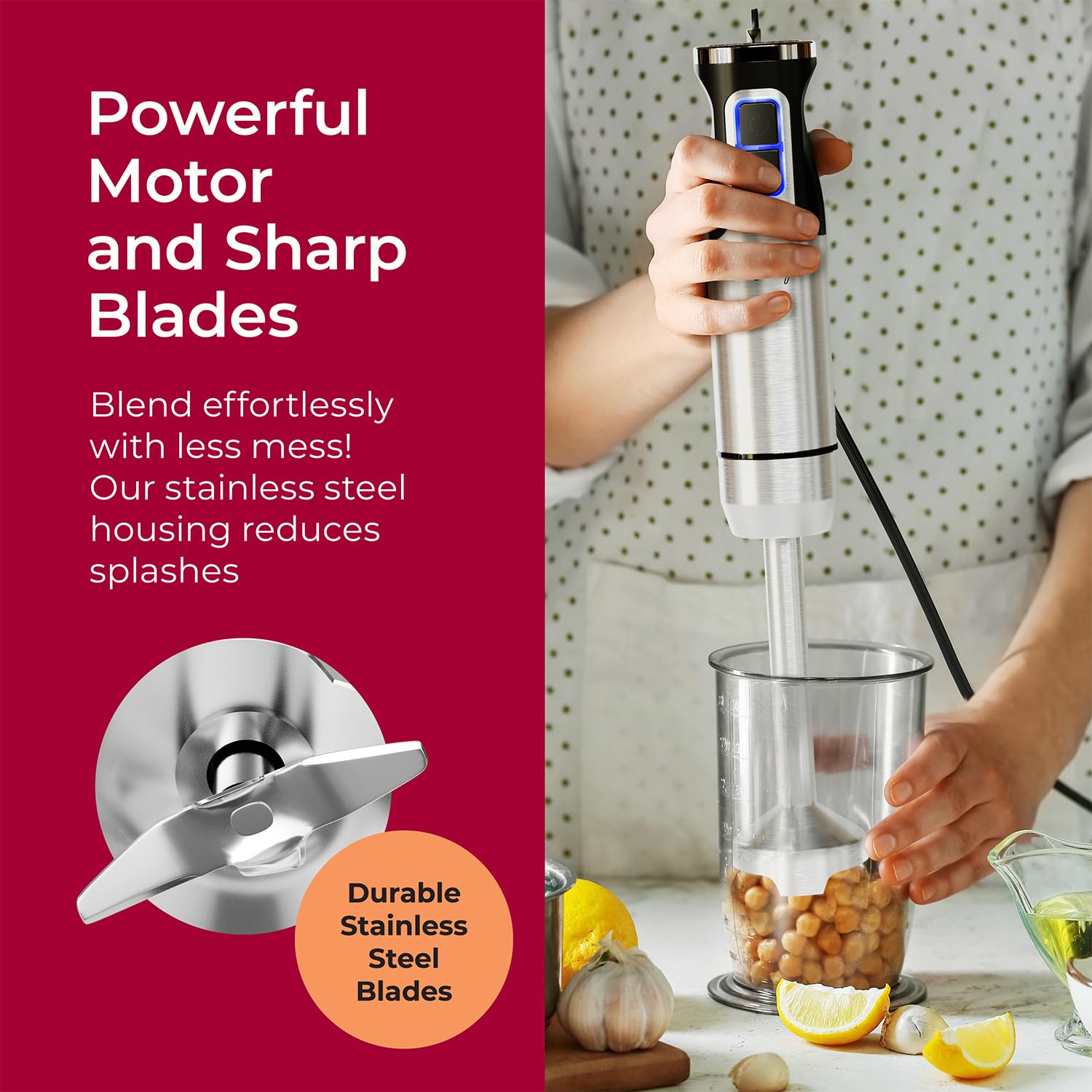 MuellerLiving Immersion Hand Blender Set - 8-Speed Electric Hand Mixer with 7 Attachments: Stainless Steel Blades, Whisk, Milk Frother, Beater, Mixing Hooks, Potato Masher & Chopper Bowl - Perfect for Smoothies, Soups, Baking & Kitchen Prep