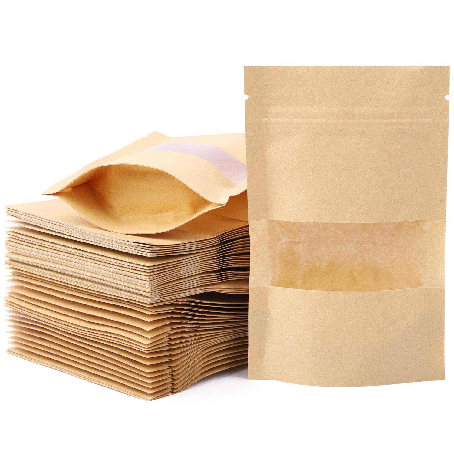 Stand Up Kraft Ziplock Bags with Window - 3.5x5.5 inch 100pcs - for Cookies, Snacks & Tea Storage