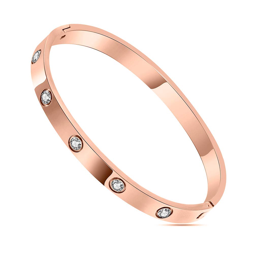 Gold Plated Bangle Bracelets for Women & Teen Girls - Stainless Steel Love Bracelets with Cubic Zirconia (CZ) - Perfect Valentine's Day, Wedding, Christmas & Birthday Gifts for Her - Elegant Jewelry for Everyday Wear & Special Occasions