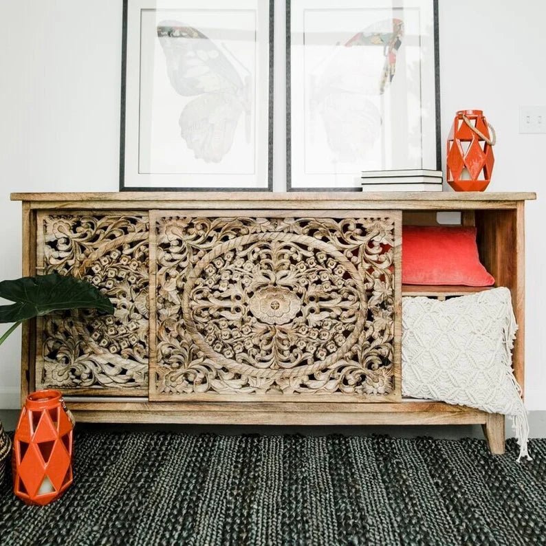 Hand Carved Solid Wood Sideboard | Traditional Indian Wooden Buffet Cabinet in Natural Finish | Perfect for Dining Room Storage & Living Room Decor