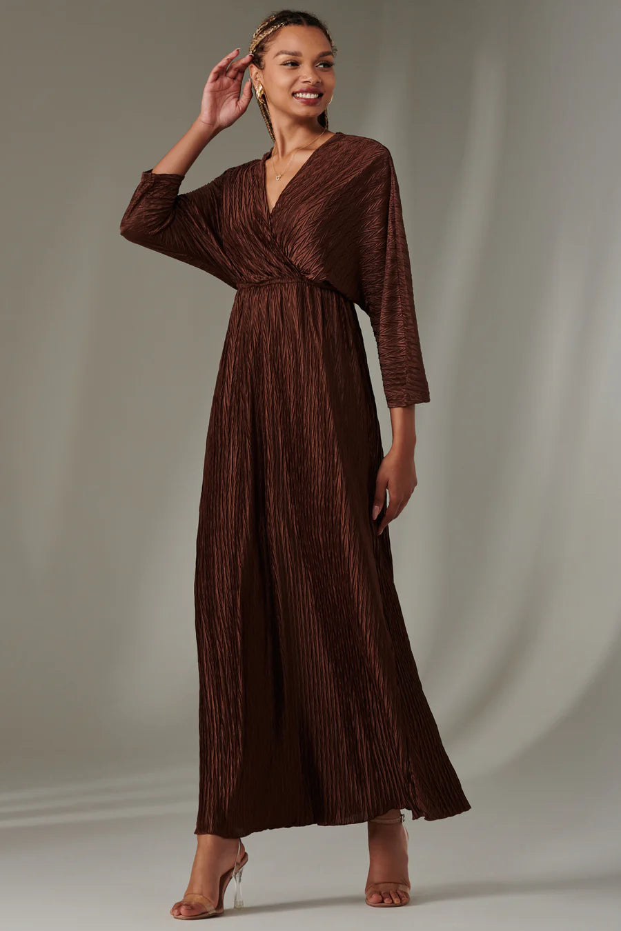 Elegant Chocolate Brown Ruffle Hem Chiffon Maxi Dress for Women - Perfect for Weddings, Parties & Special Occasions