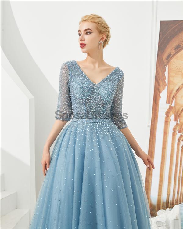 Elegant Blue Beaded Long Sleeve A-Line Prom Dress for Evening Parties & Formal Events | Perfect for Homecoming, Prom Night & Special Occasions