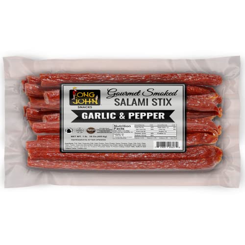Gourmet Smoked Long John Salami Sticks - Garlic & Pepper Flavor | 1 lb Dried Meat Snack | Perfect for Camping, Hiking & Keto Diet