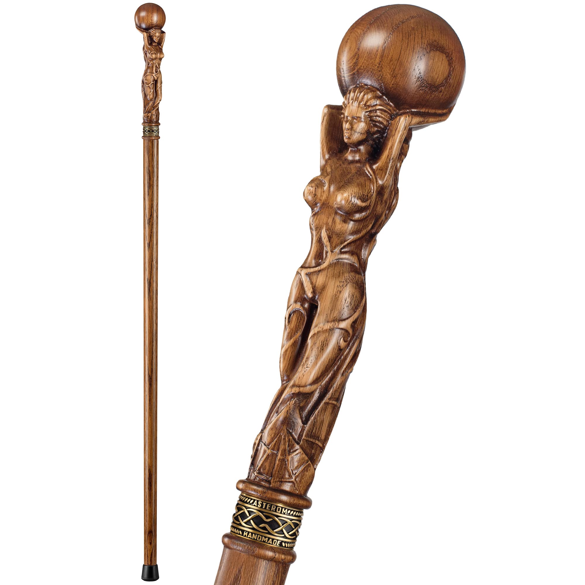 Hand Carved Premium Wooden Walking Cane for Men - Goddess Design Stylish Walking Stick (Caramel) - Perfect for Hiking, Fashion Accessory & Elderly Support
