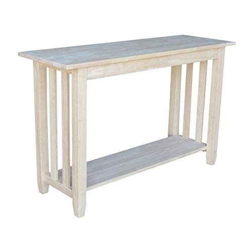 Rustic Brown Unfinished Rubberwood Mission Console Table - Farmhouse Style Rectangle Entryway Shelf for Hallway, Living Room & Home Decor